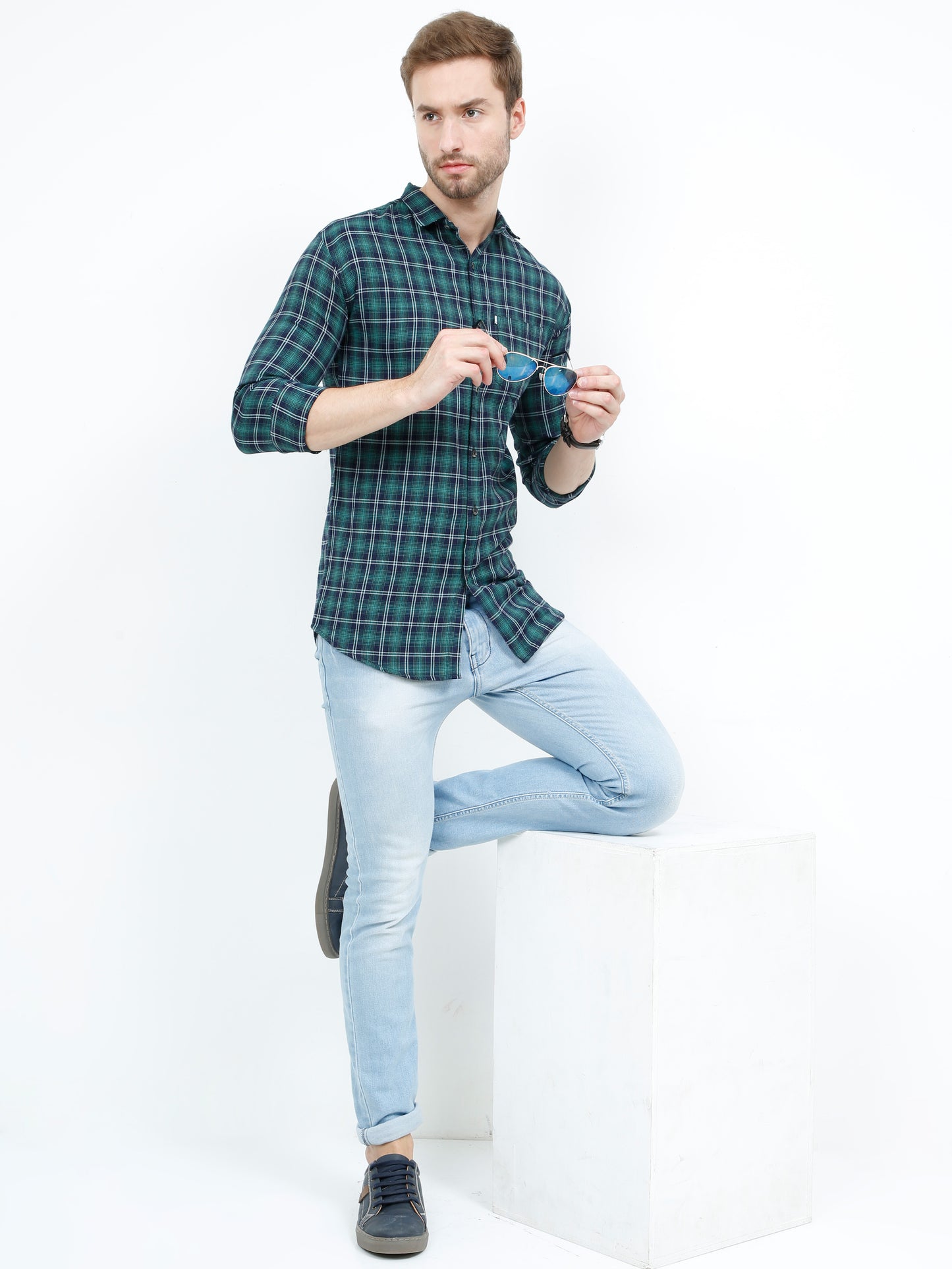 Cotton Regular Fit Mixed Green Check Shirt for Men