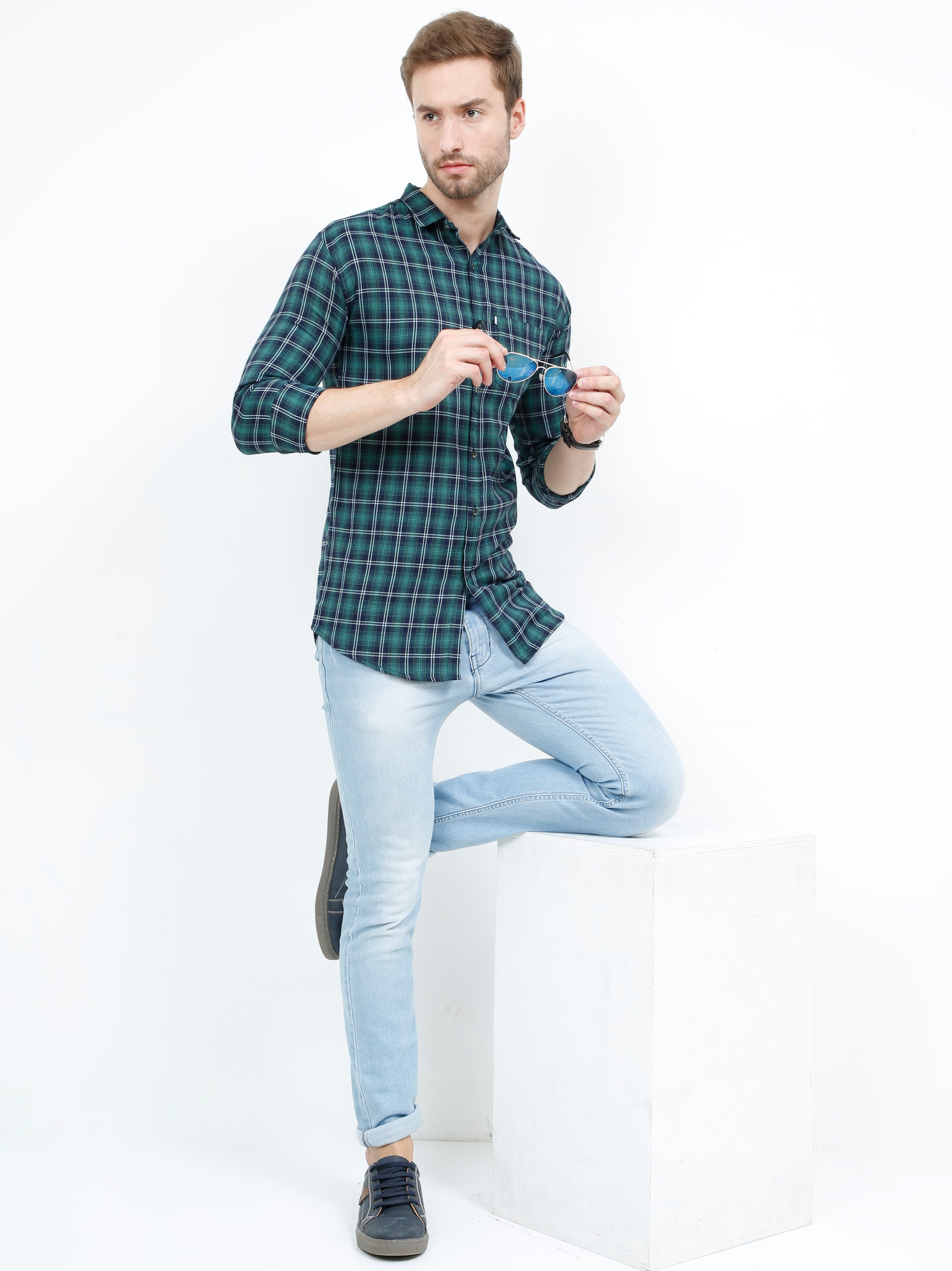 Cotton Regular Fit Mixed Green Check Shirt for Men