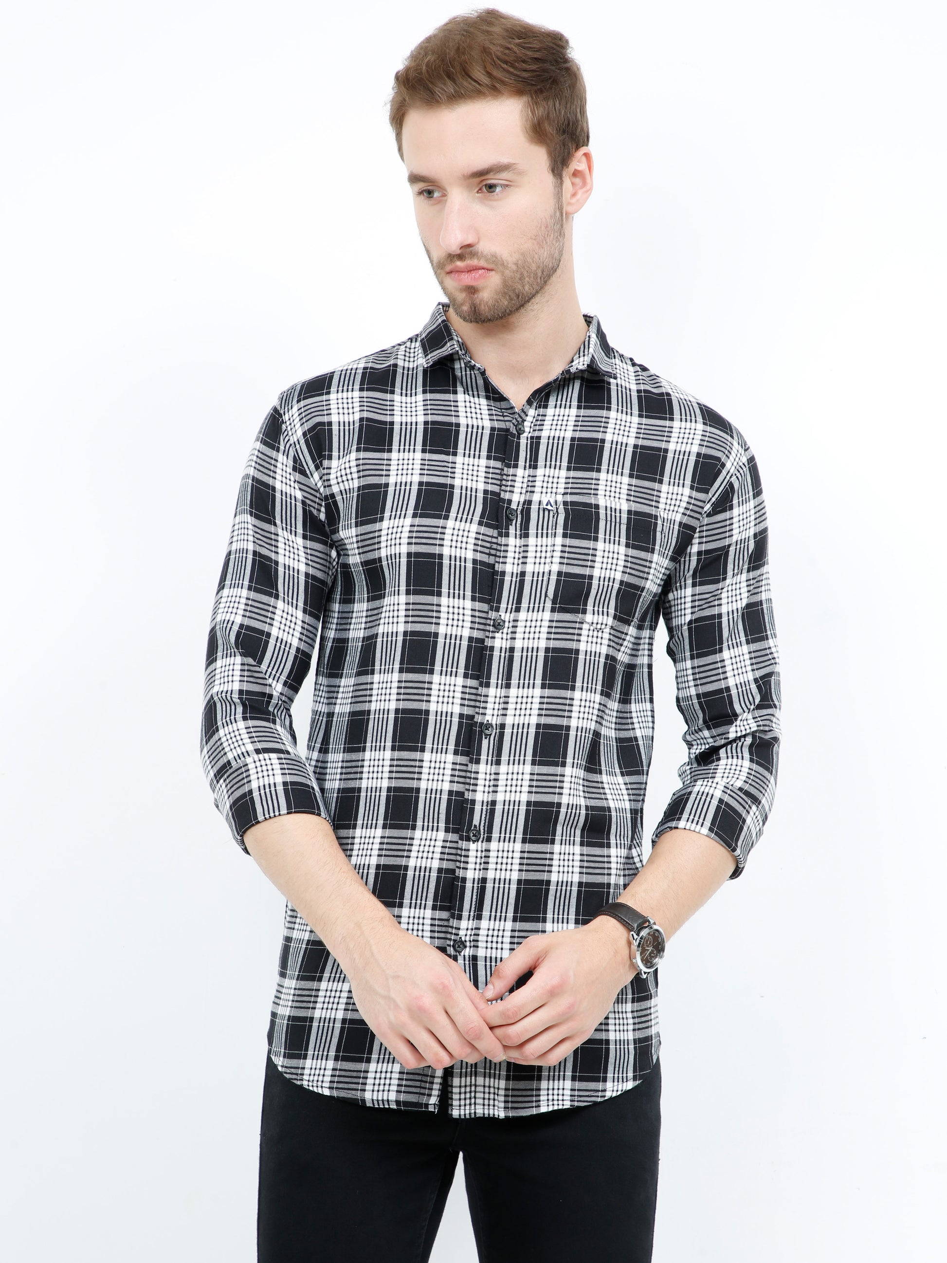 Regular Fit Mixed Black and White Plaid Shirt for Men