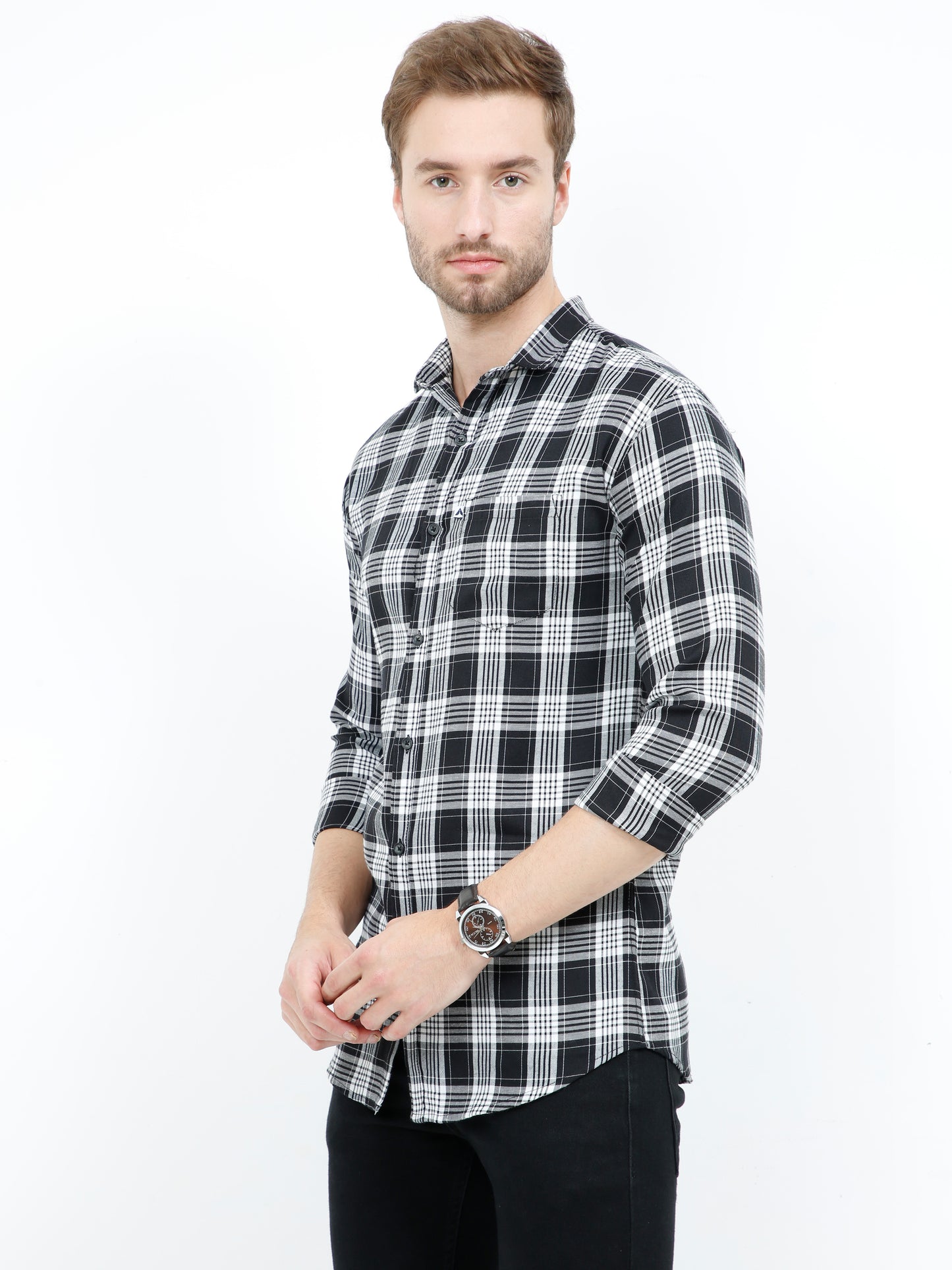 Regular Fit Mixed Black and White Plaid Shirt for Men