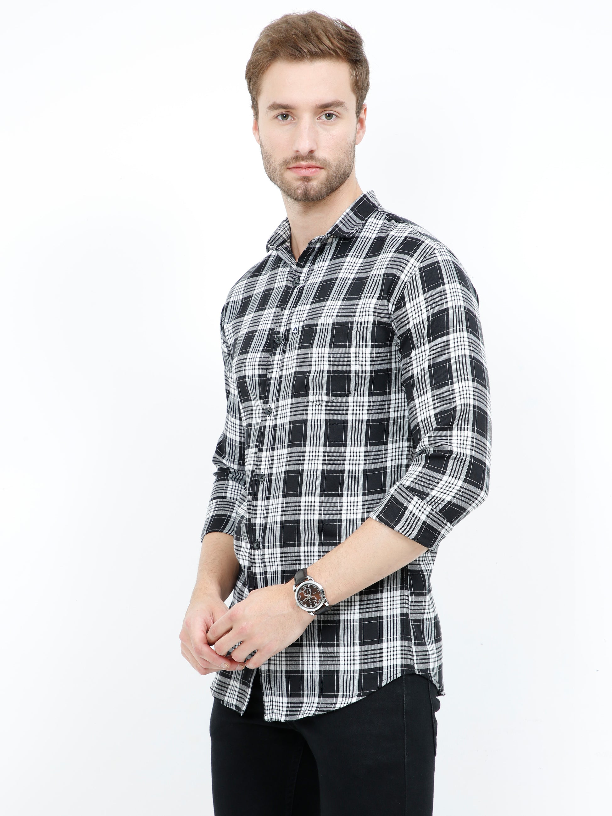 Regular Fit Mixed Black and White Plaid Shirt for Men