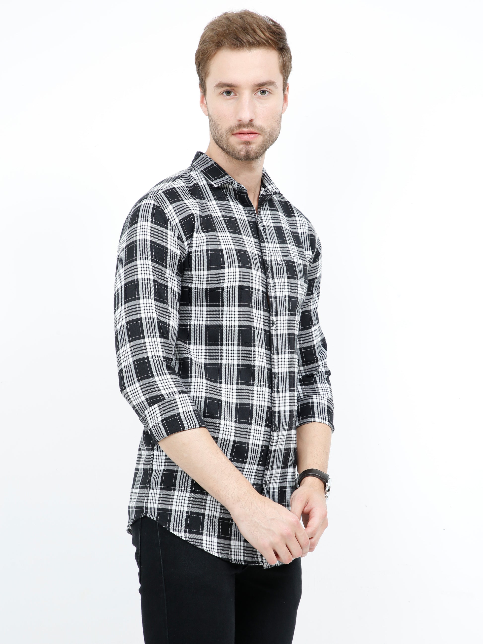 Regular Fit Mixed Black and White Plaid Shirt for Men