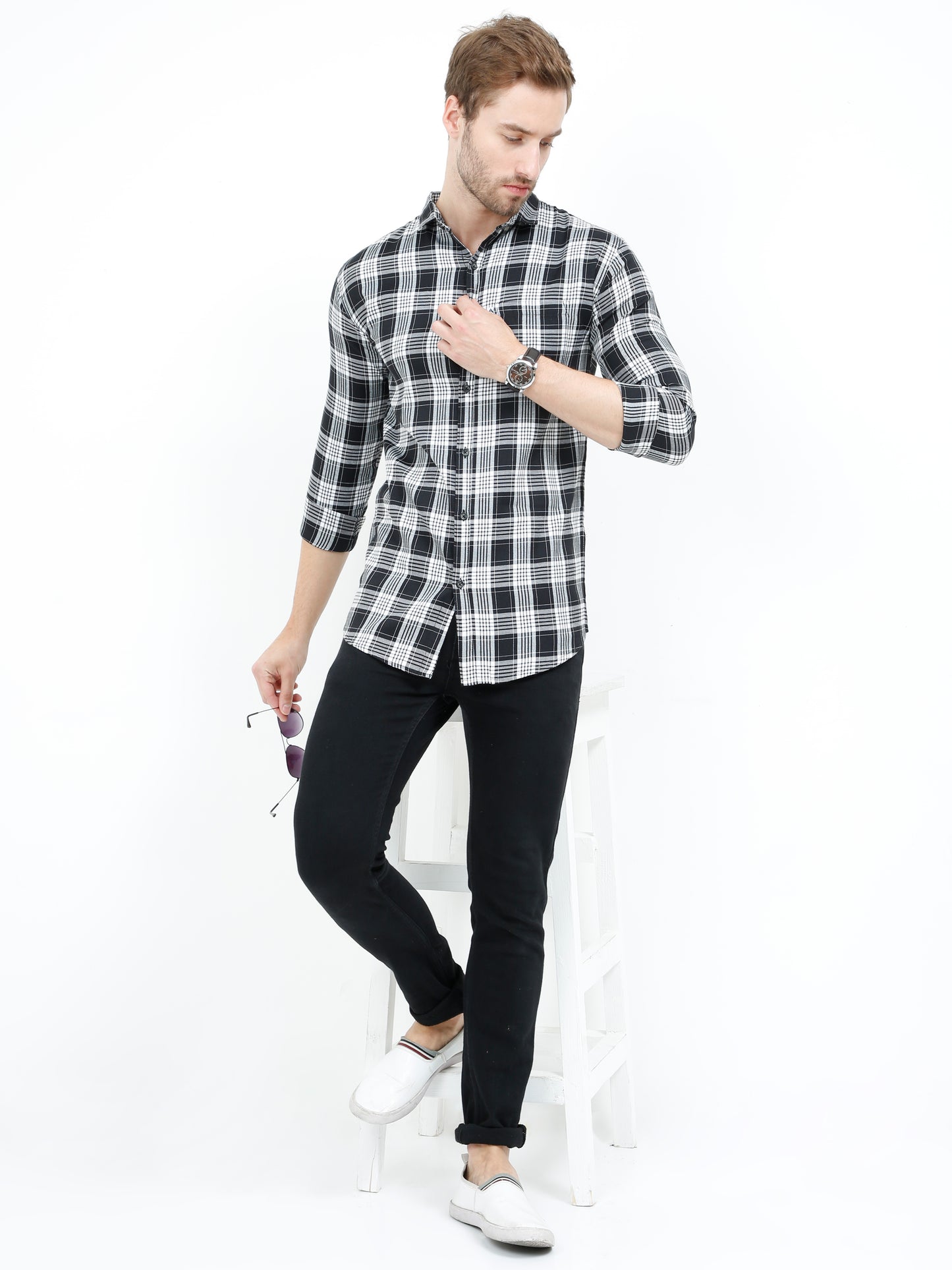 Regular Fit Mixed Black and White Plaid Shirt for Men
