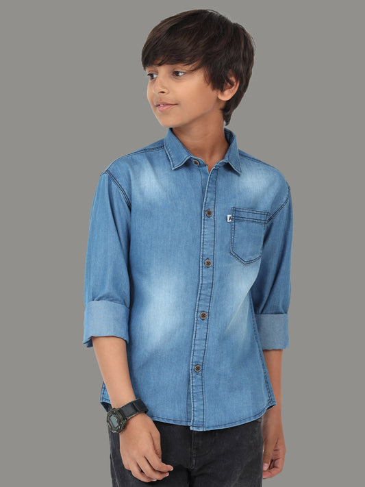 Shaded Single Pocket  Cut Away Collor Blue Denim Shirts For Kids