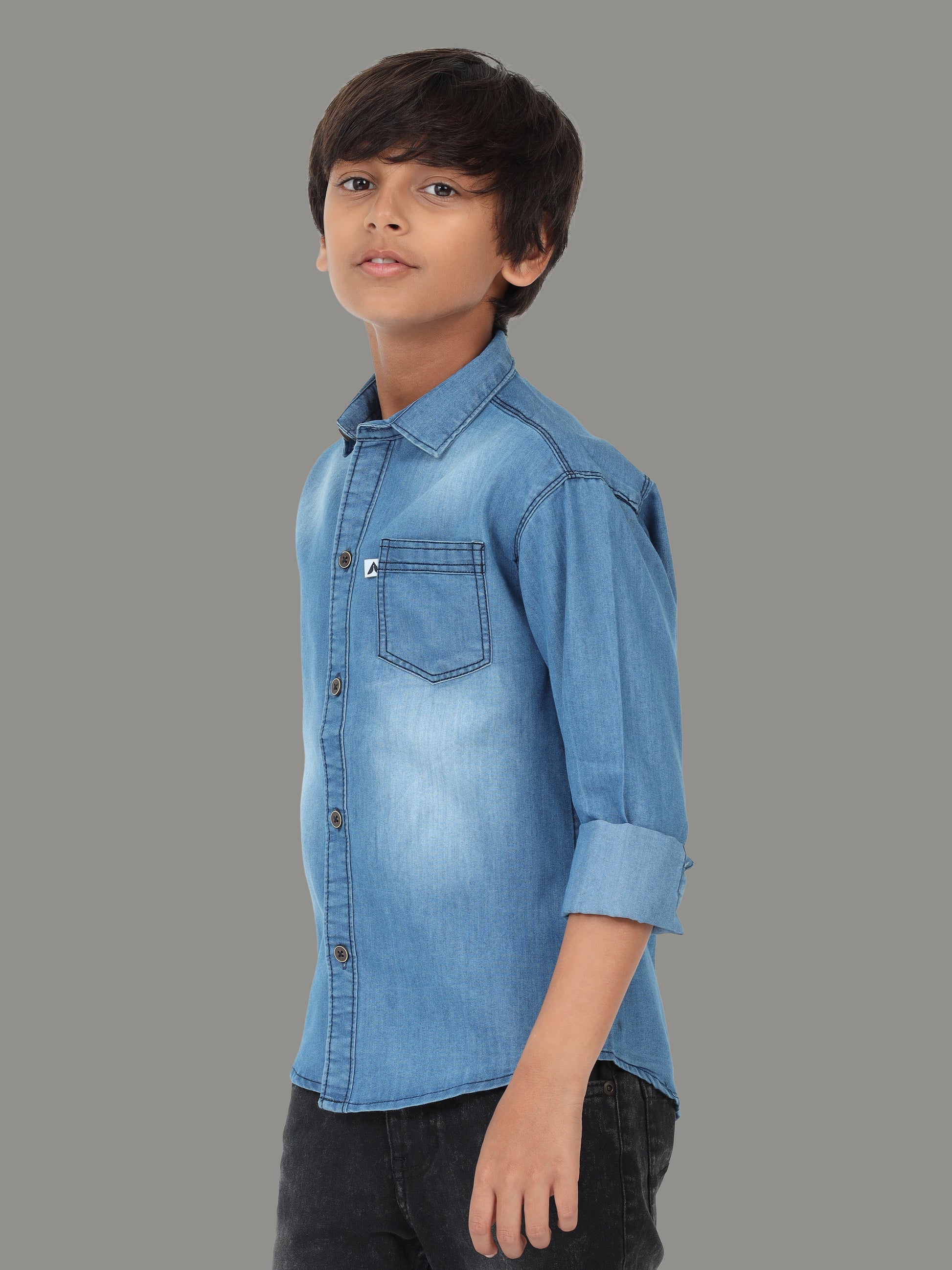 Shaded Single Pocket  Cut Away Collor Blue Denim Shirts For Kids