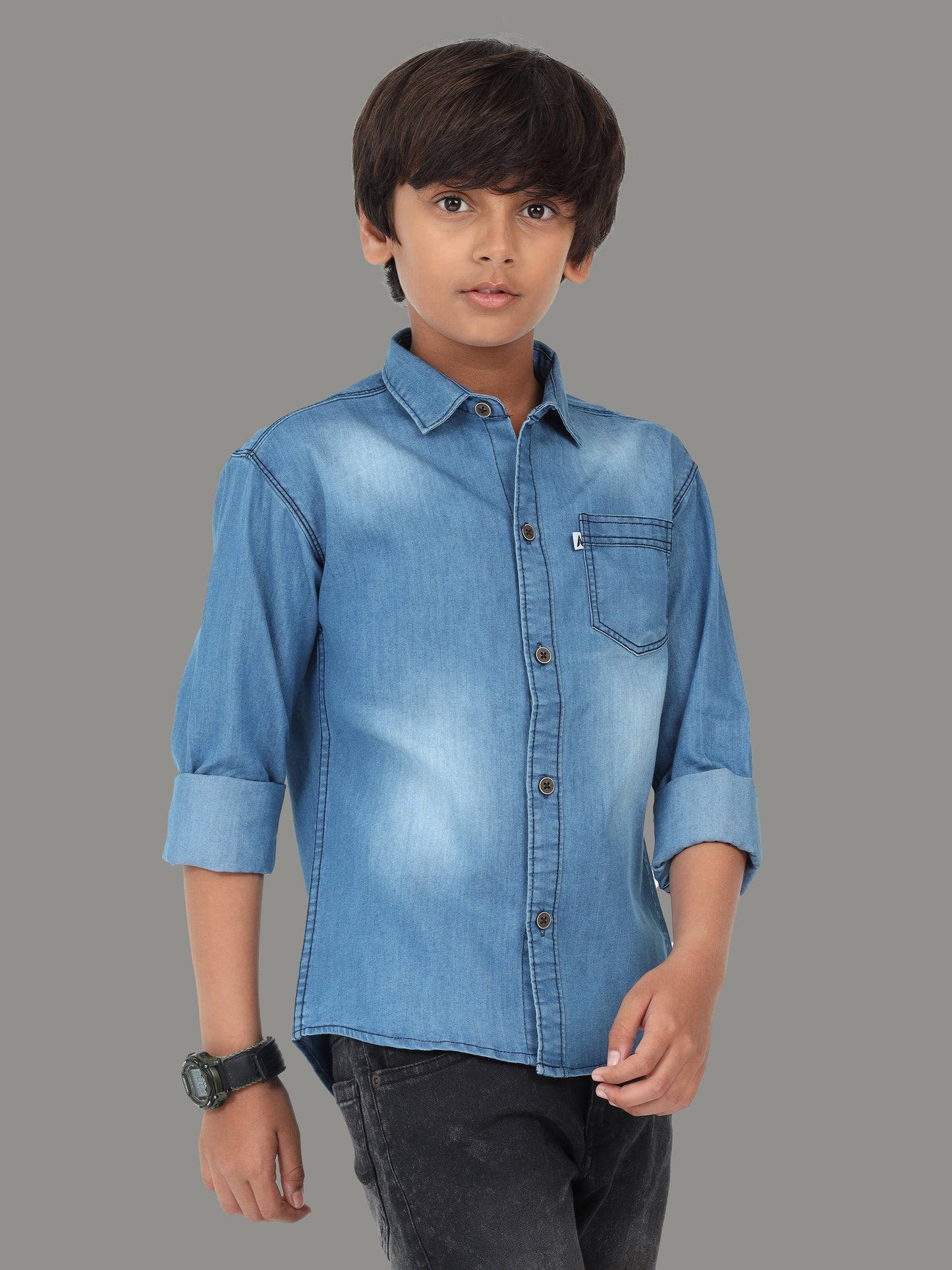 Shaded Single Pocket  Cut Away Collor Blue Denim Shirts For Kids