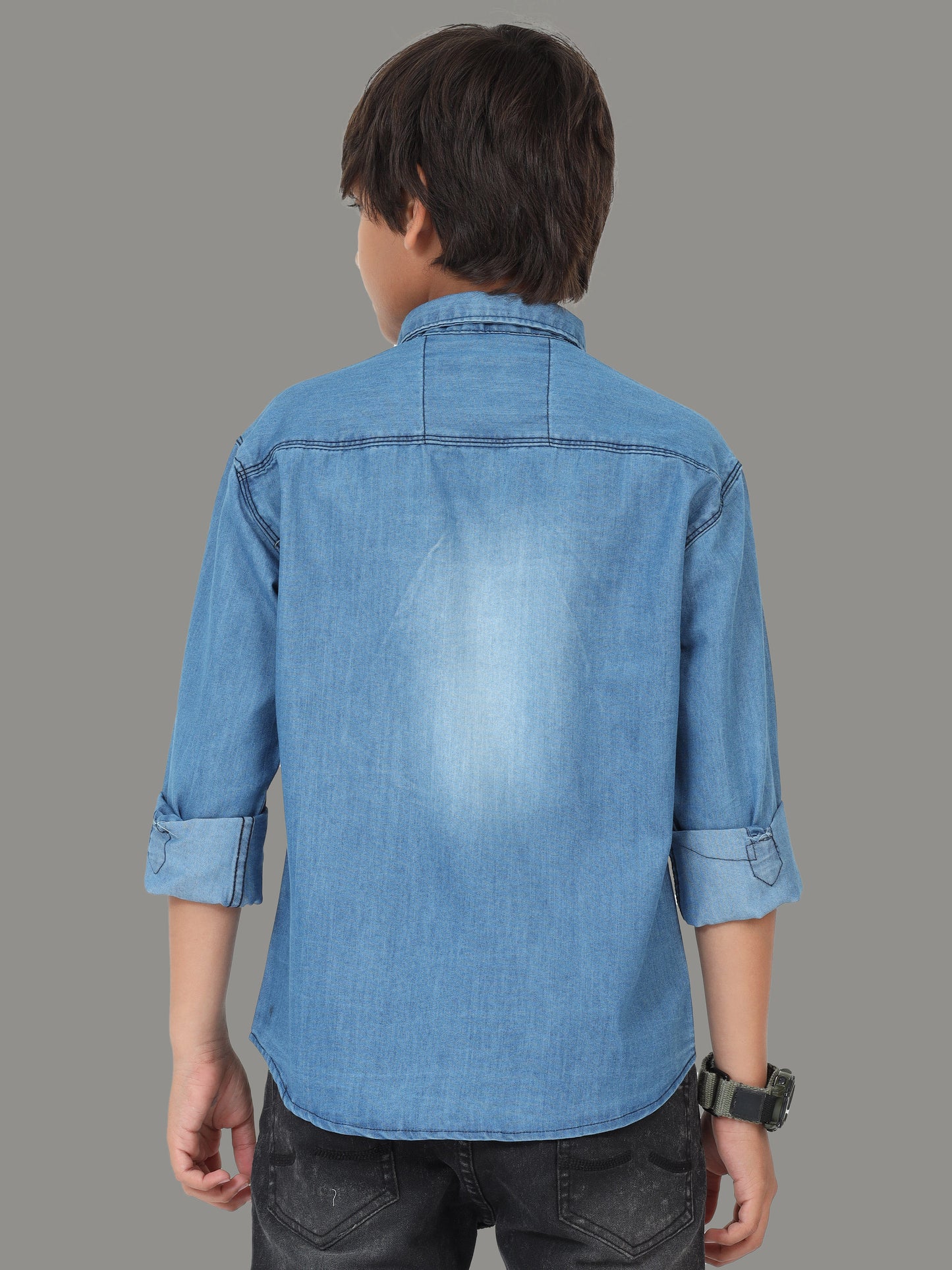 Shaded Single Pocket  Cut Away Collor Blue Denim Shirts For Kids