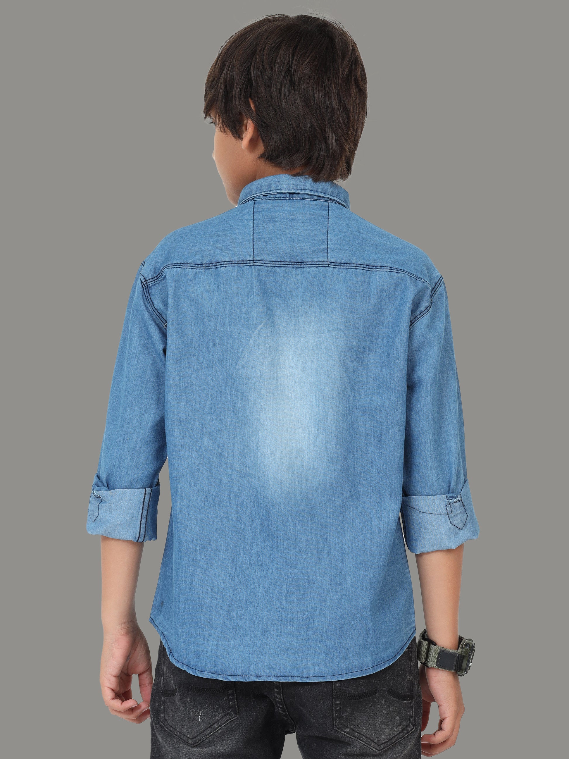 Shaded Single Pocket  Cut Away Collor Blue Denim Shirts For Kids