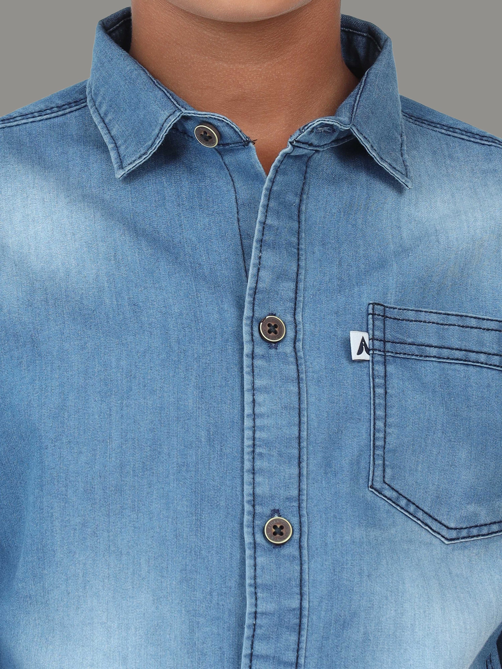 Shaded Single Pocket  Cut Away Collor Blue Denim Shirts For Kids