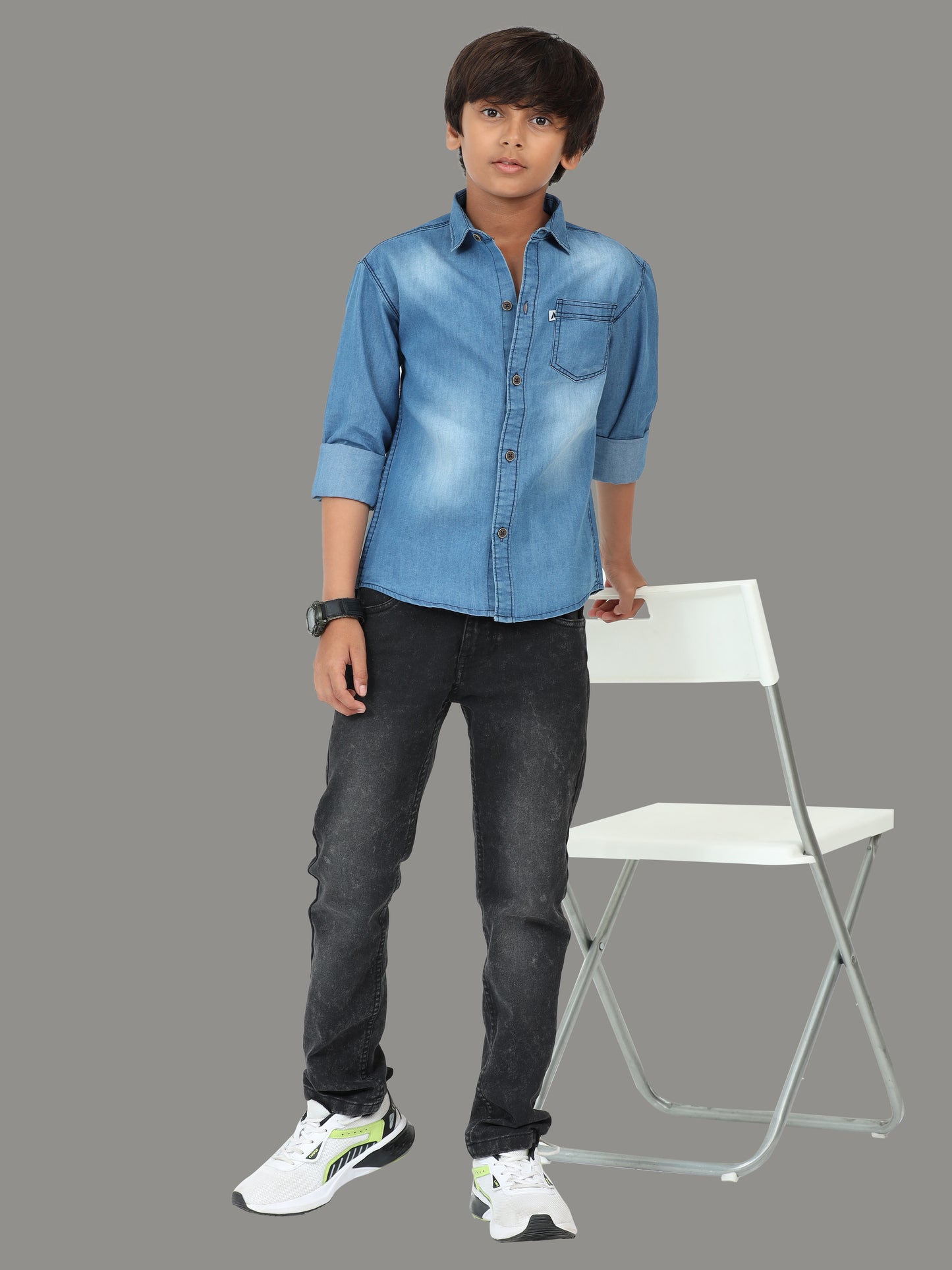 Shaded Single Pocket  Cut Away Collor Blue Denim Shirts For Kids