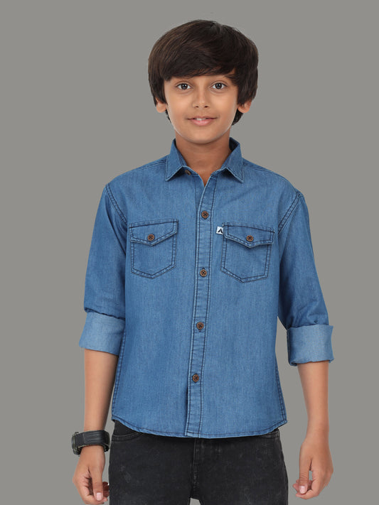 Mid Blue Double Pocket Cut Away Collor Denim New Style Shirt Boy