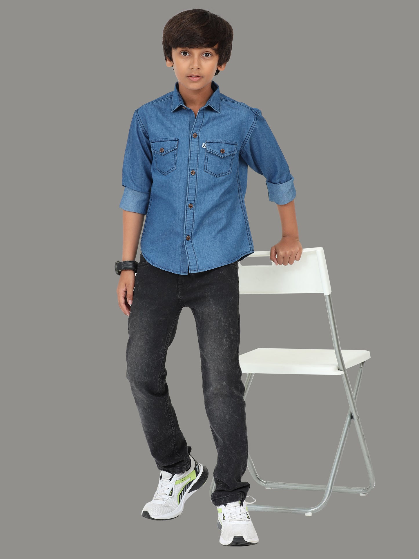 Mid Blue Double Pocket Cut Away Collor Denim New Style Shirt Boy