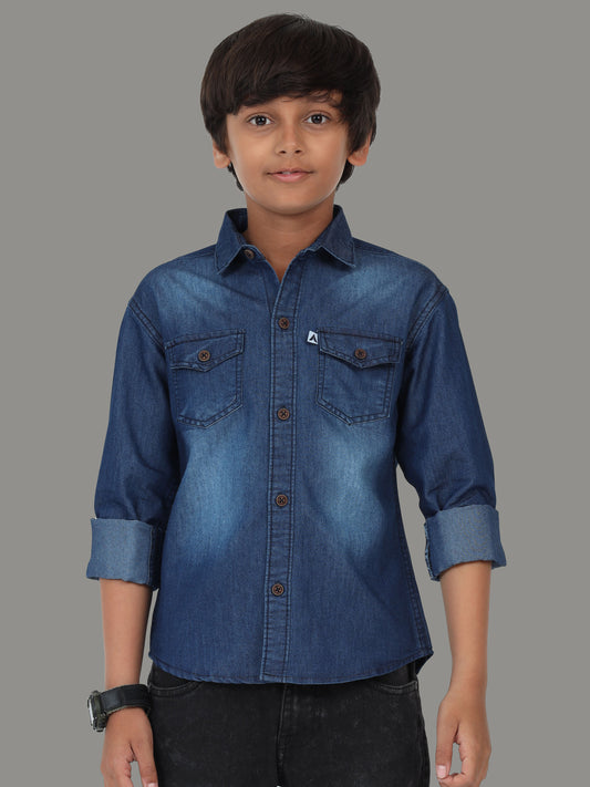 Dark Shade Double Pocket Denim Branded Shirts For Boys