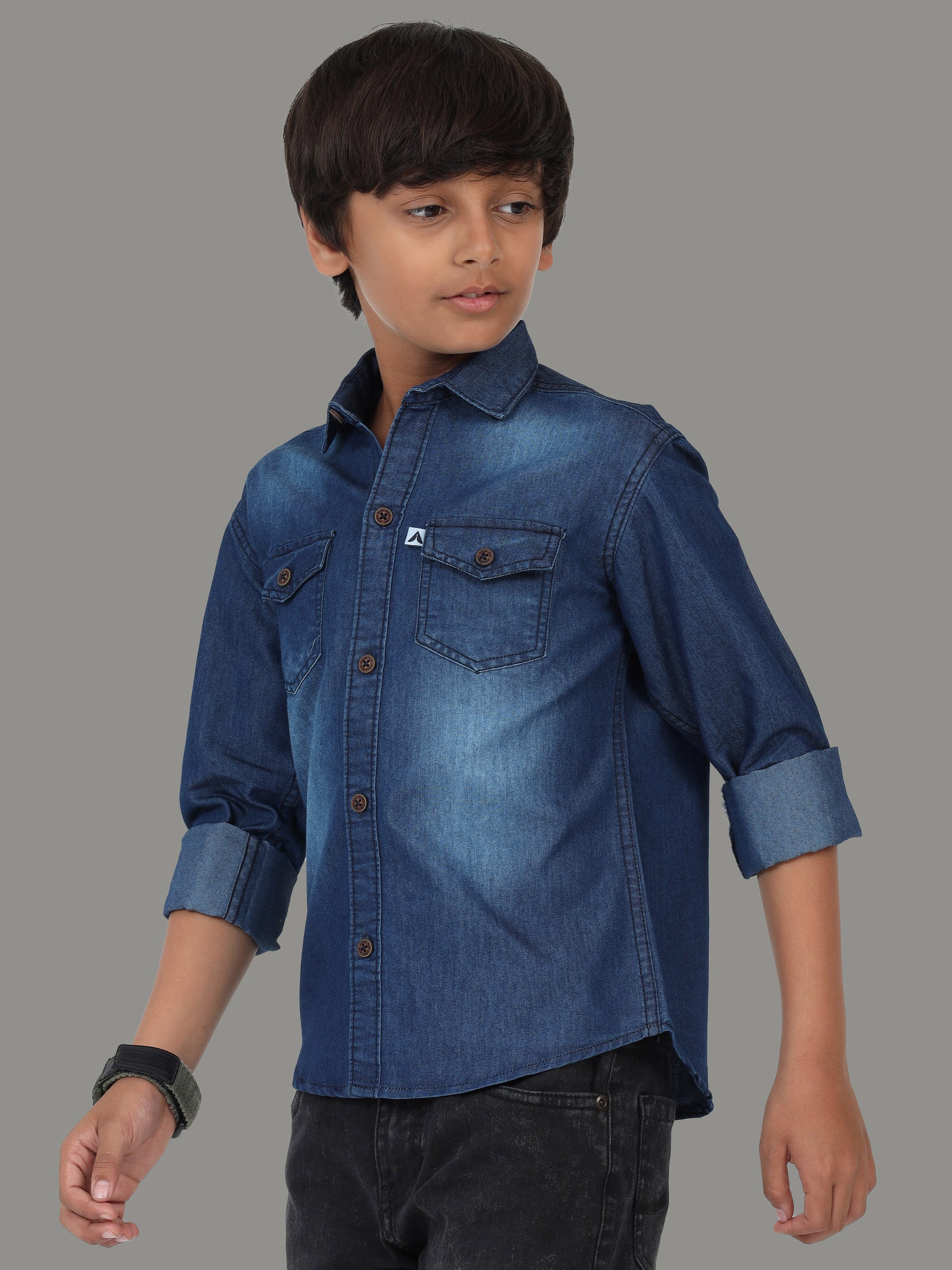 Dark Shade Double Pocket Denim Branded Shirts For Boys