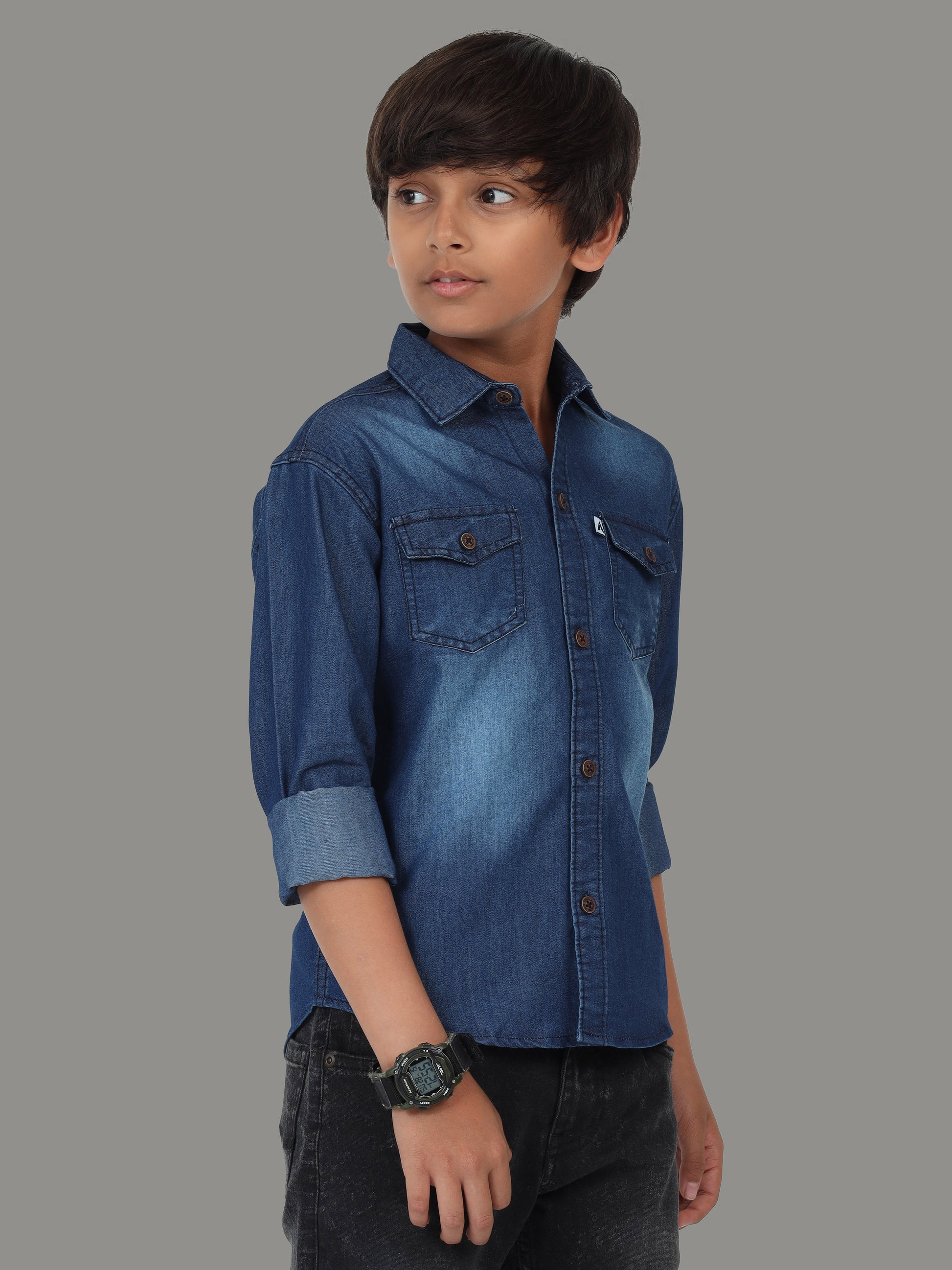 Dark Shade Double Pocket Denim Branded Shirts For Boys