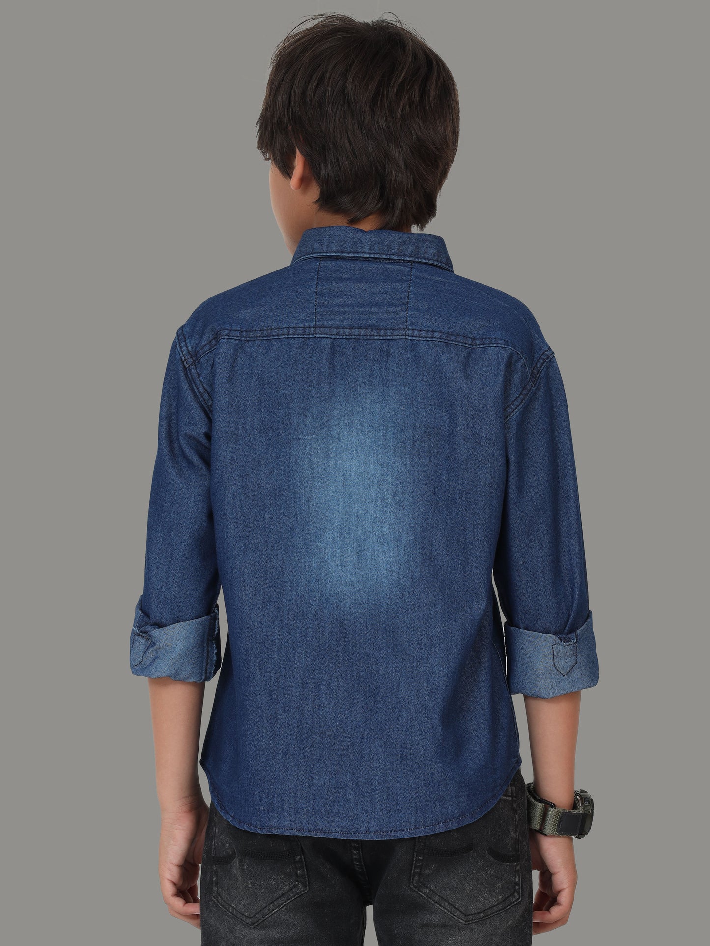 Dark Shade Double Pocket Denim Branded Shirts For Boys