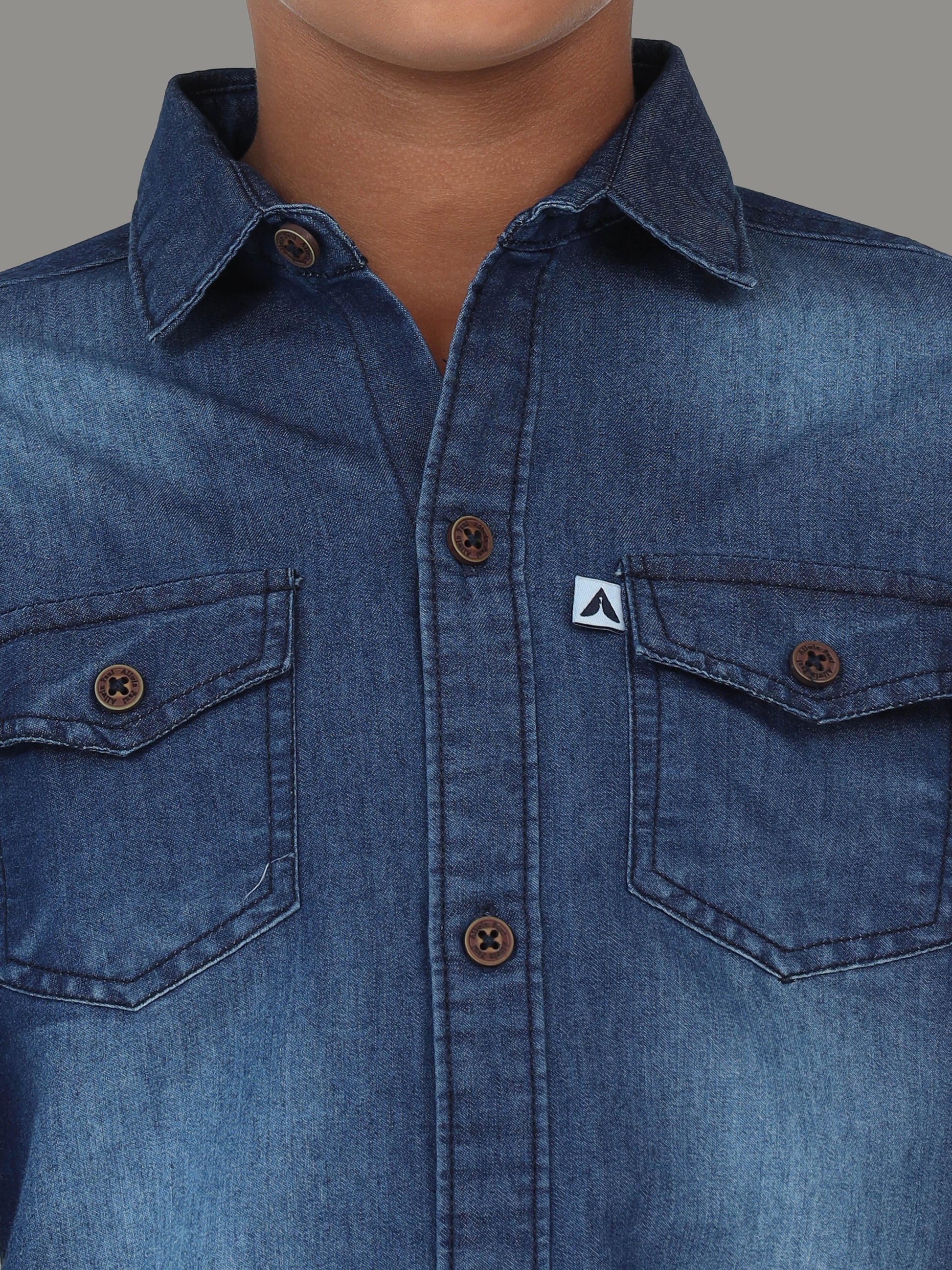 Dark Shade Double Pocket Denim Branded Shirts For Boys
