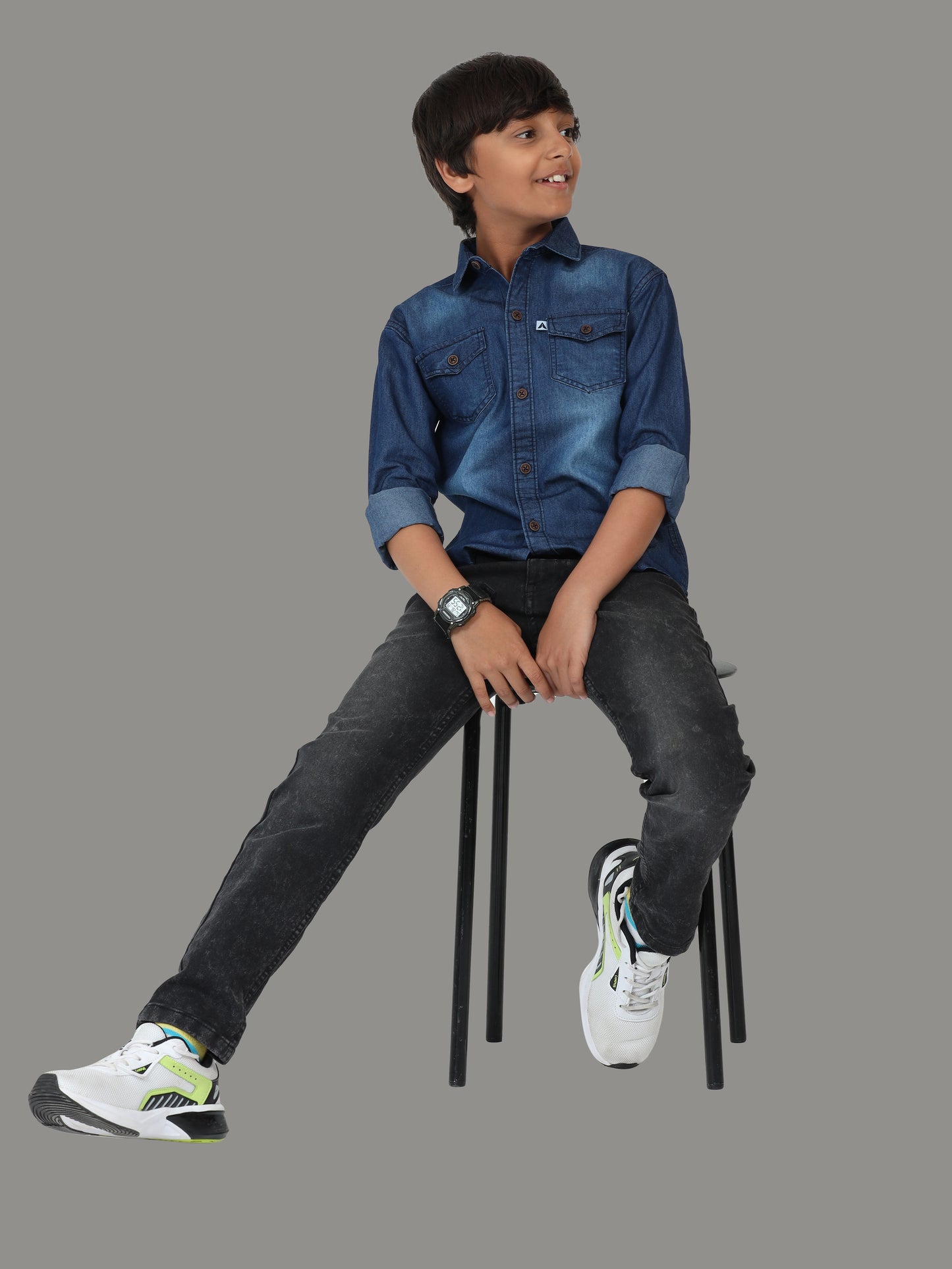 Dark Shade Double Pocket Denim Branded Shirts For Boys