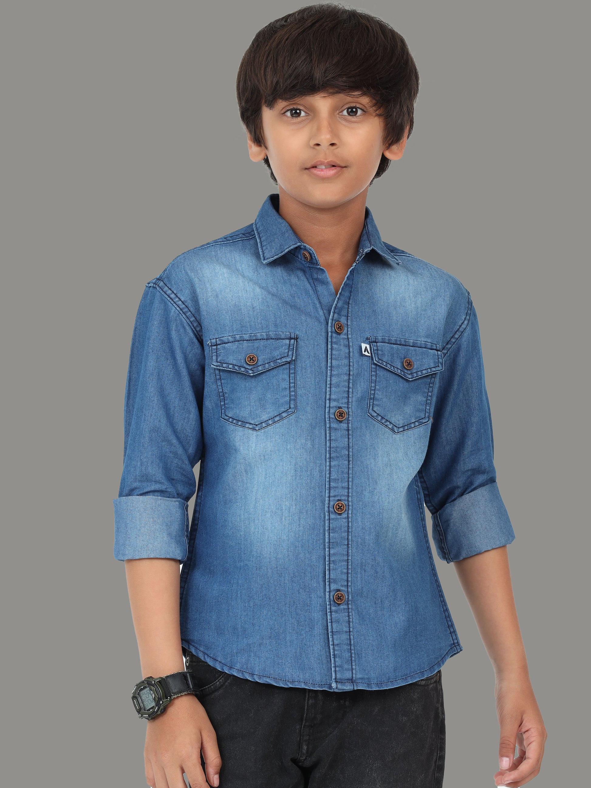 Mid Shade Cut Away Collor Double Pocket Denim Latest Shirt For Boys