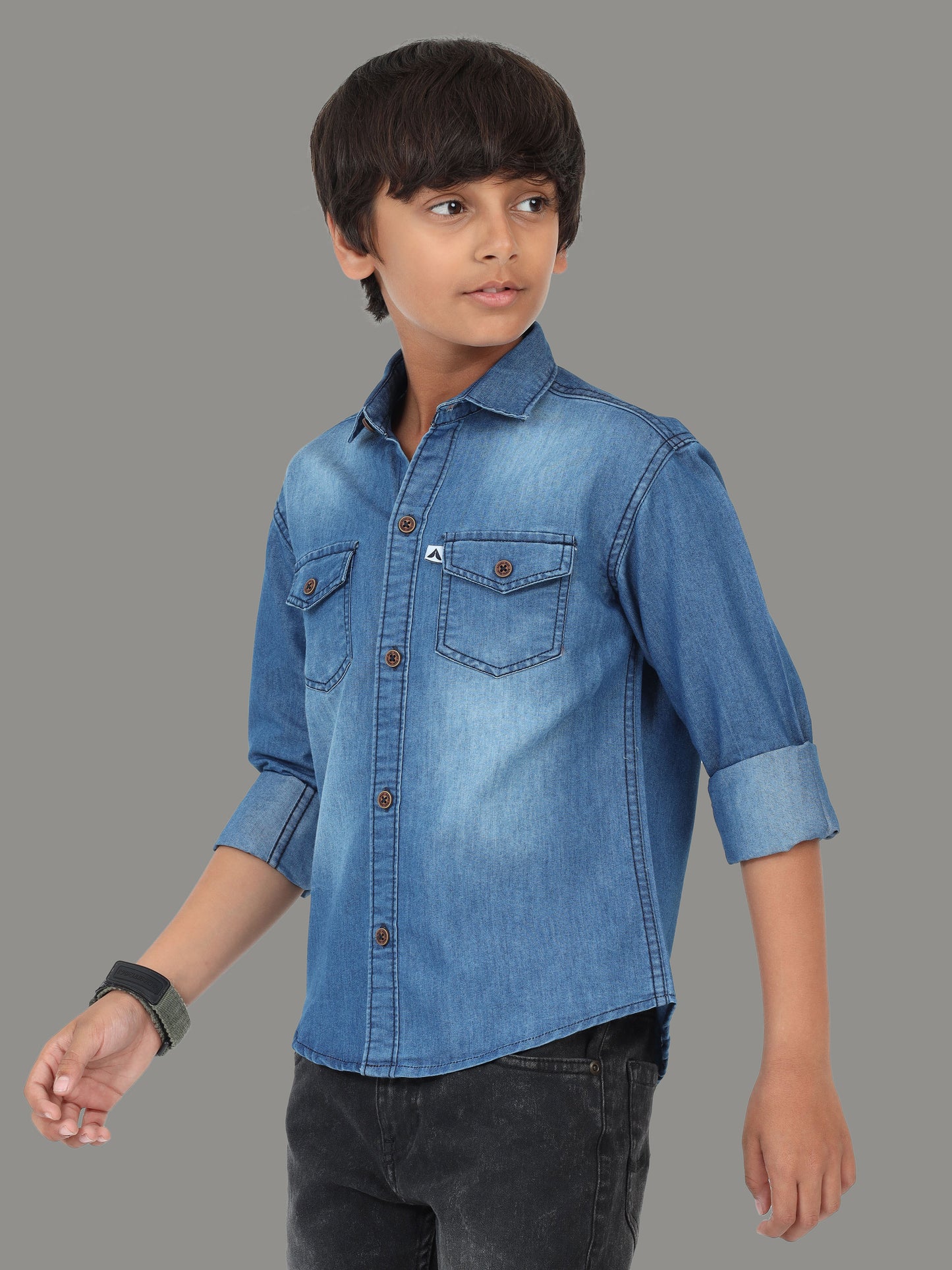 Mid Shade Cut Away Collor Double Pocket Denim Latest Shirt For Boys