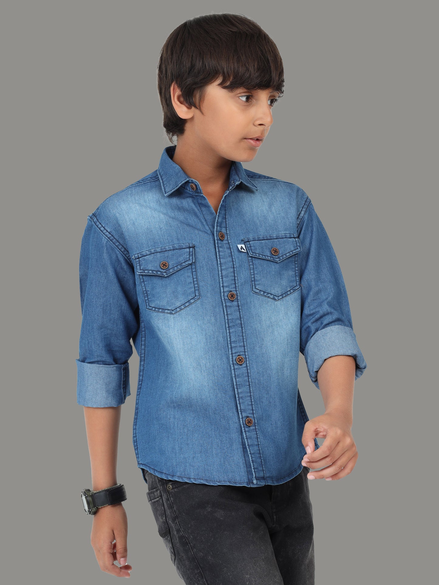 Mid Shade Cut Away Collor Double Pocket Denim Latest Shirt For Boys