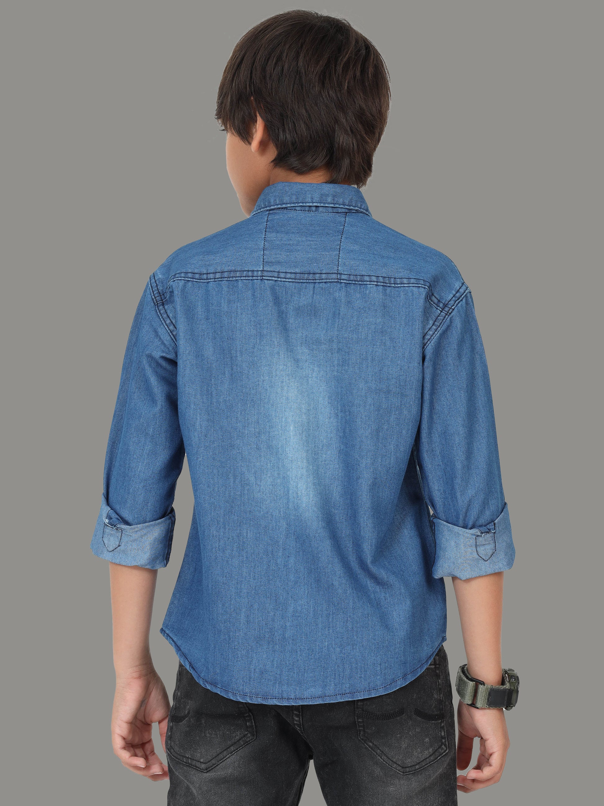 Mid Shade Cut Away Collor Double Pocket Denim Latest Shirt For Boys