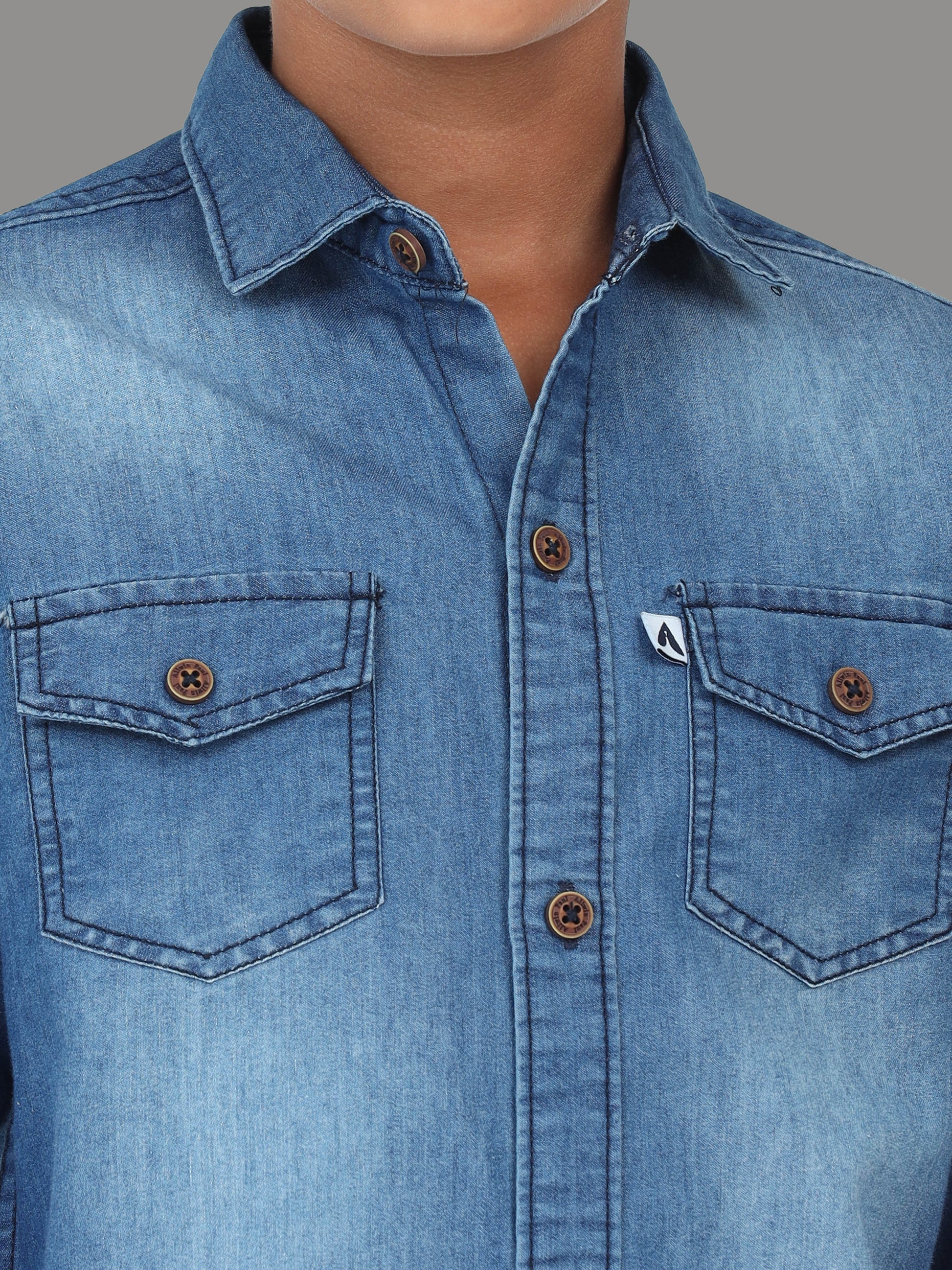 Mid Shade Cut Away Collor Double Pocket Denim Latest Shirt For Boys
