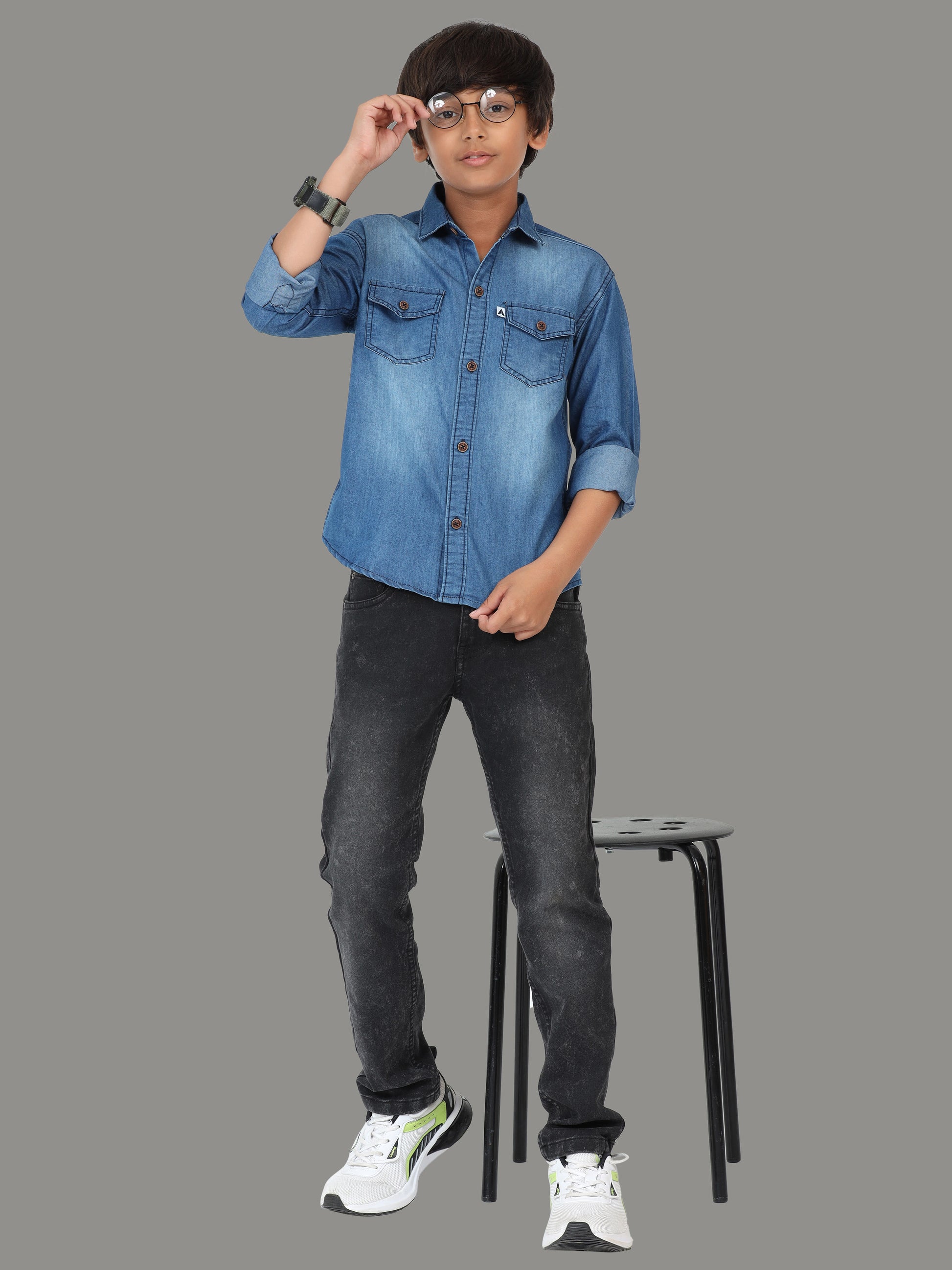 Mid Shade Cut Away Collor Double Pocket Denim Latest Shirt For Boys