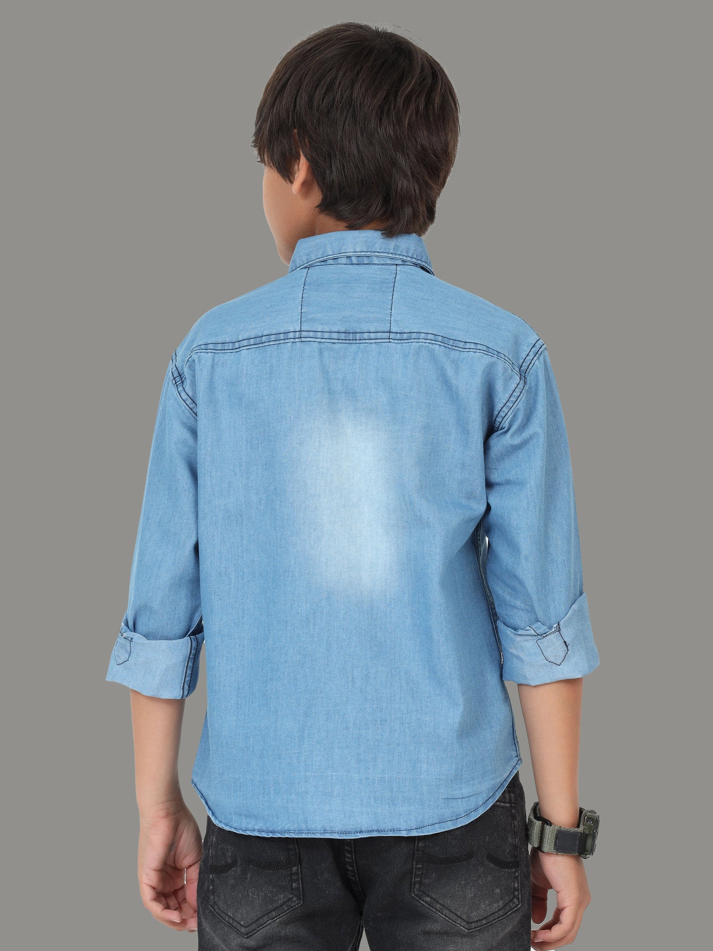 Light Shade Double Pocket Cut Away Collor Denim Full Shirt For Boys