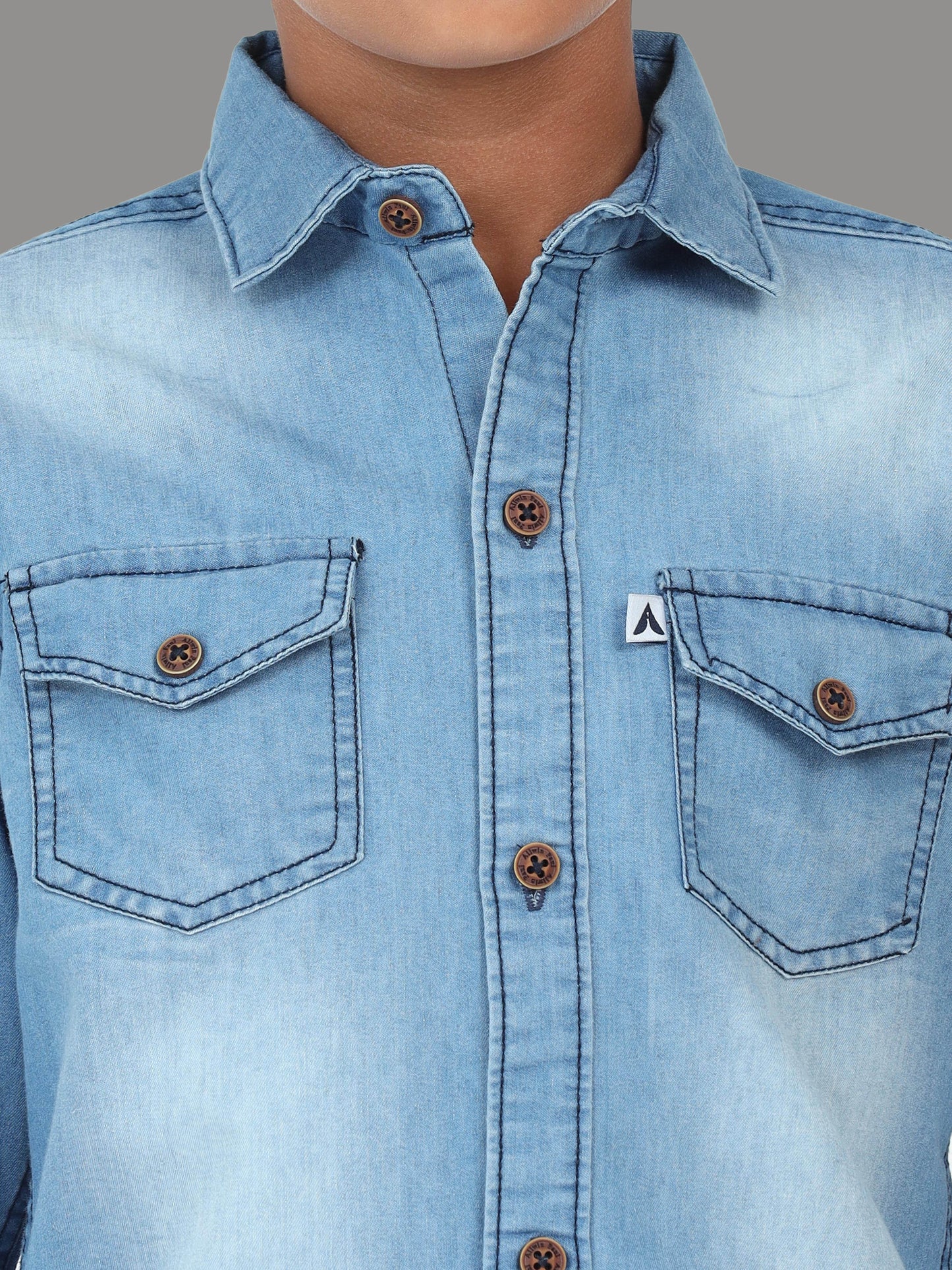 Light Shade Double Pocket Cut Away Collor Denim Full Shirt For Boys