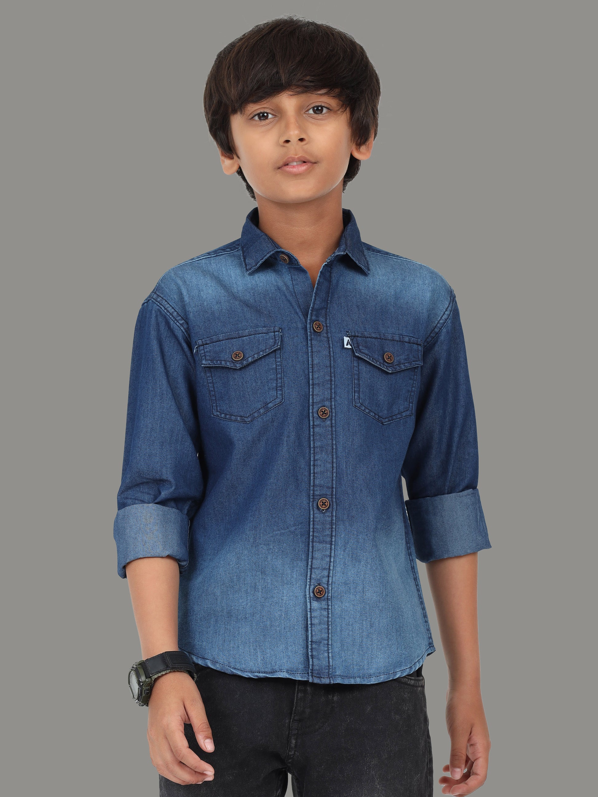 Denim Cut Away Collor Boys Long Sleeve Button Up Shirt