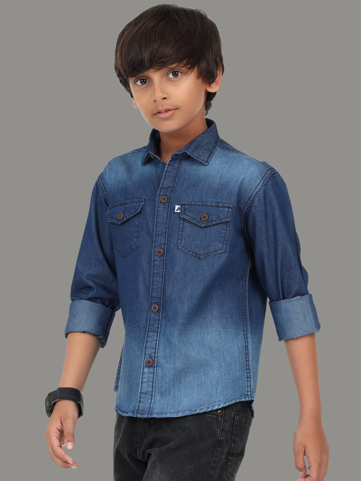 Denim Cut Away Collor Boys Long Sleeve Button Up Shirt