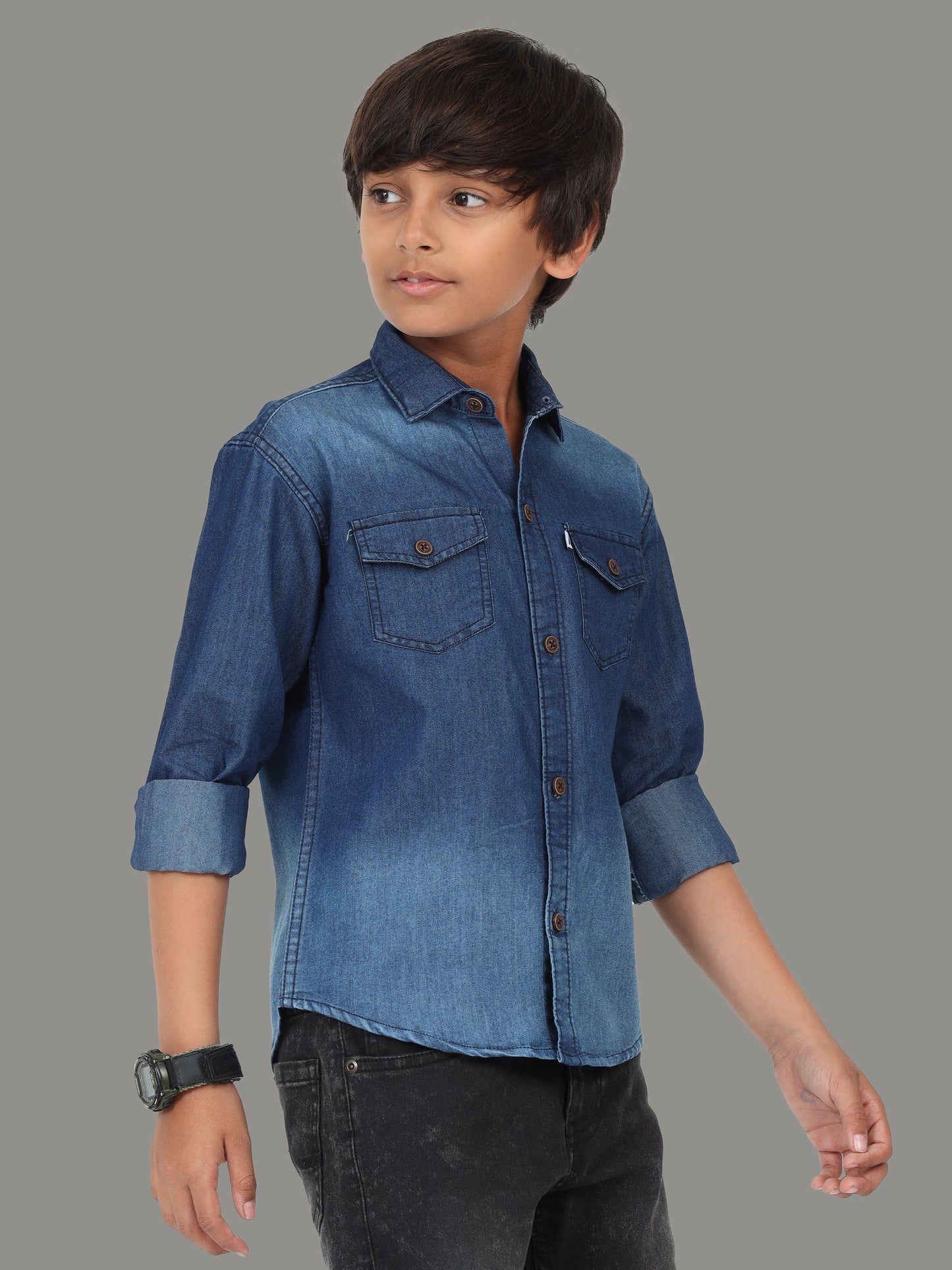 Denim Cut Away Collor Boys Long Sleeve Button Up Shirt