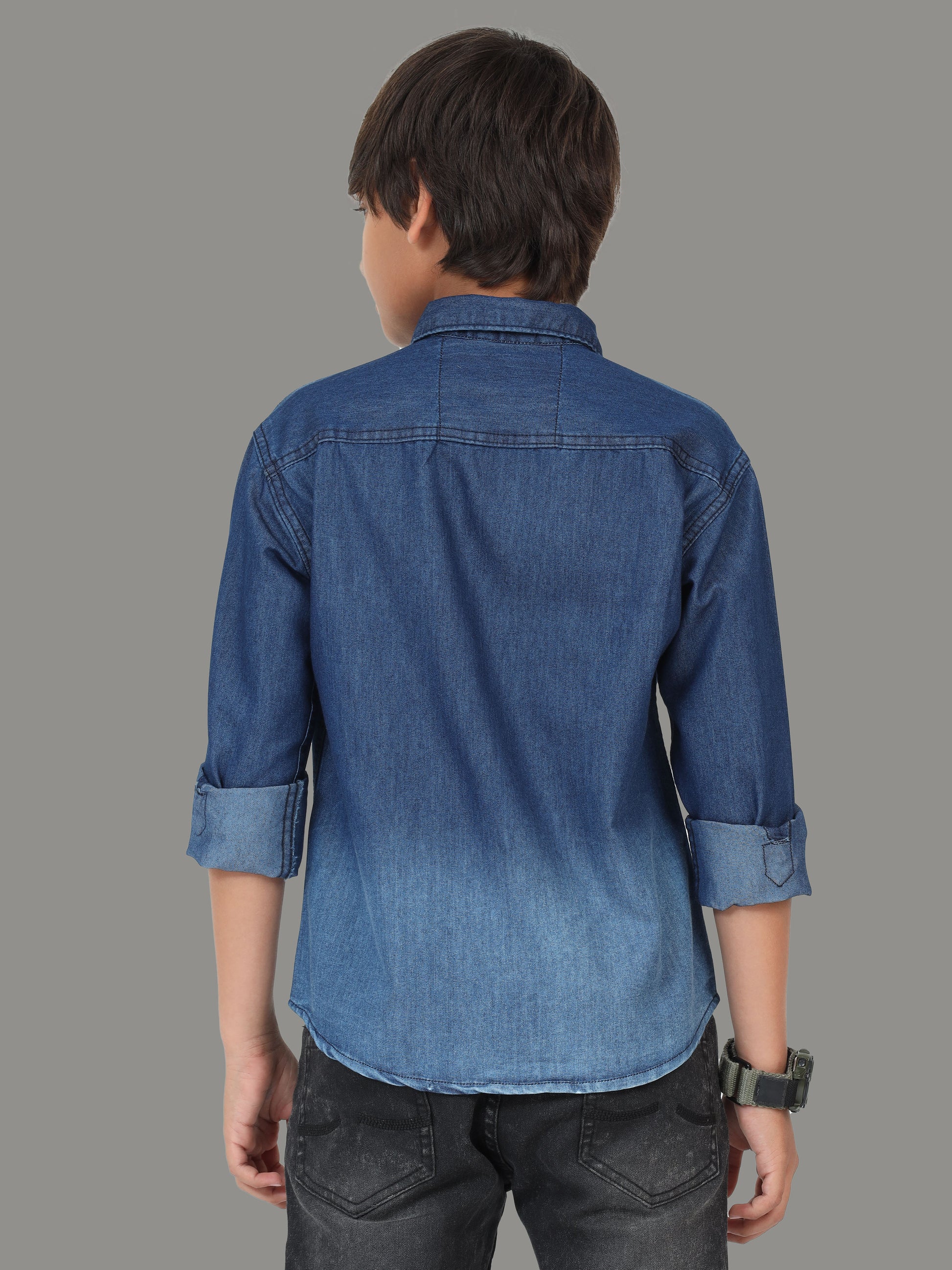 Denim Cut Away Collor Boys Long Sleeve Button Up Shirt