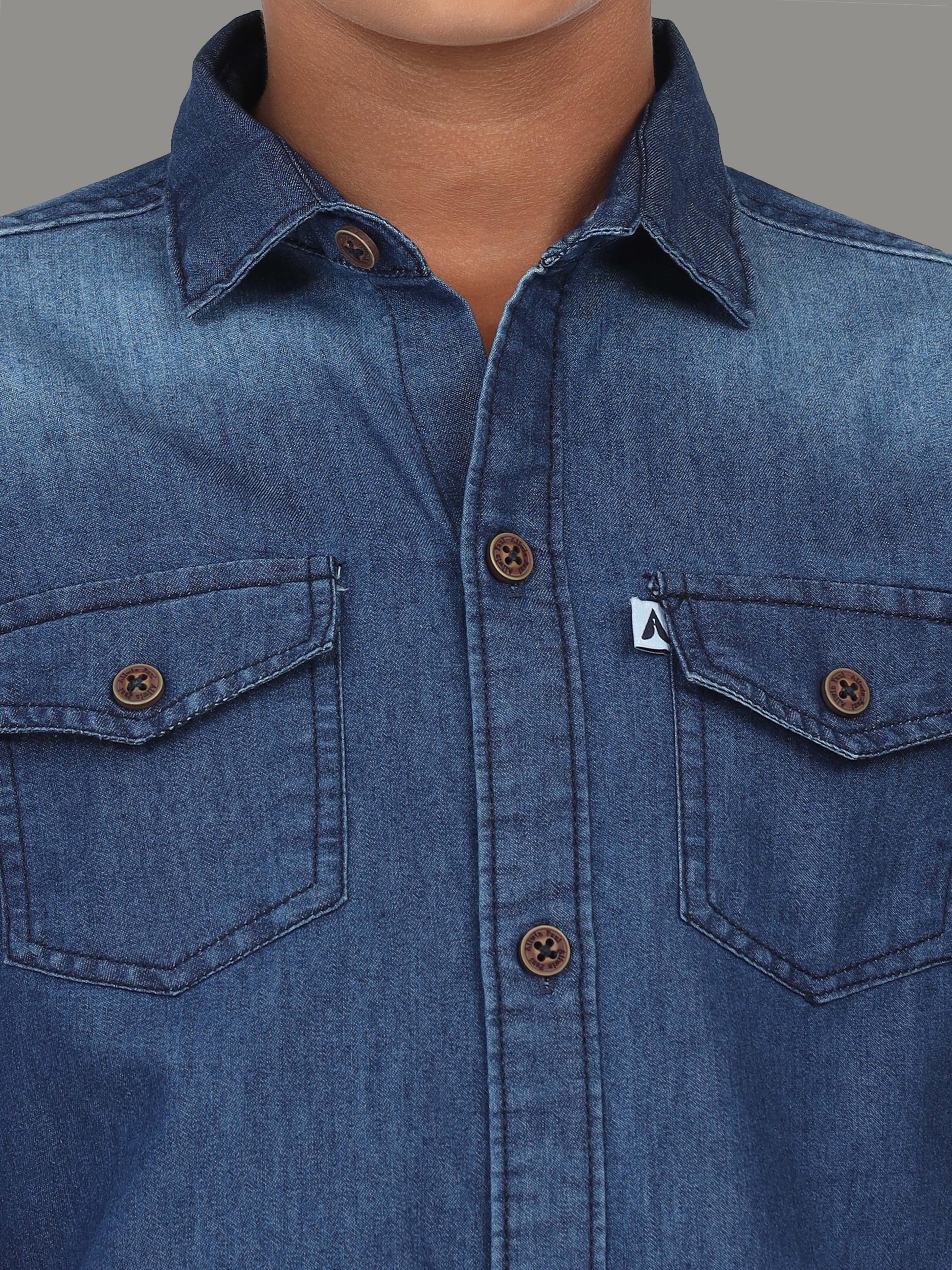 Denim Cut Away Collor Boys Long Sleeve Button Up Shirt