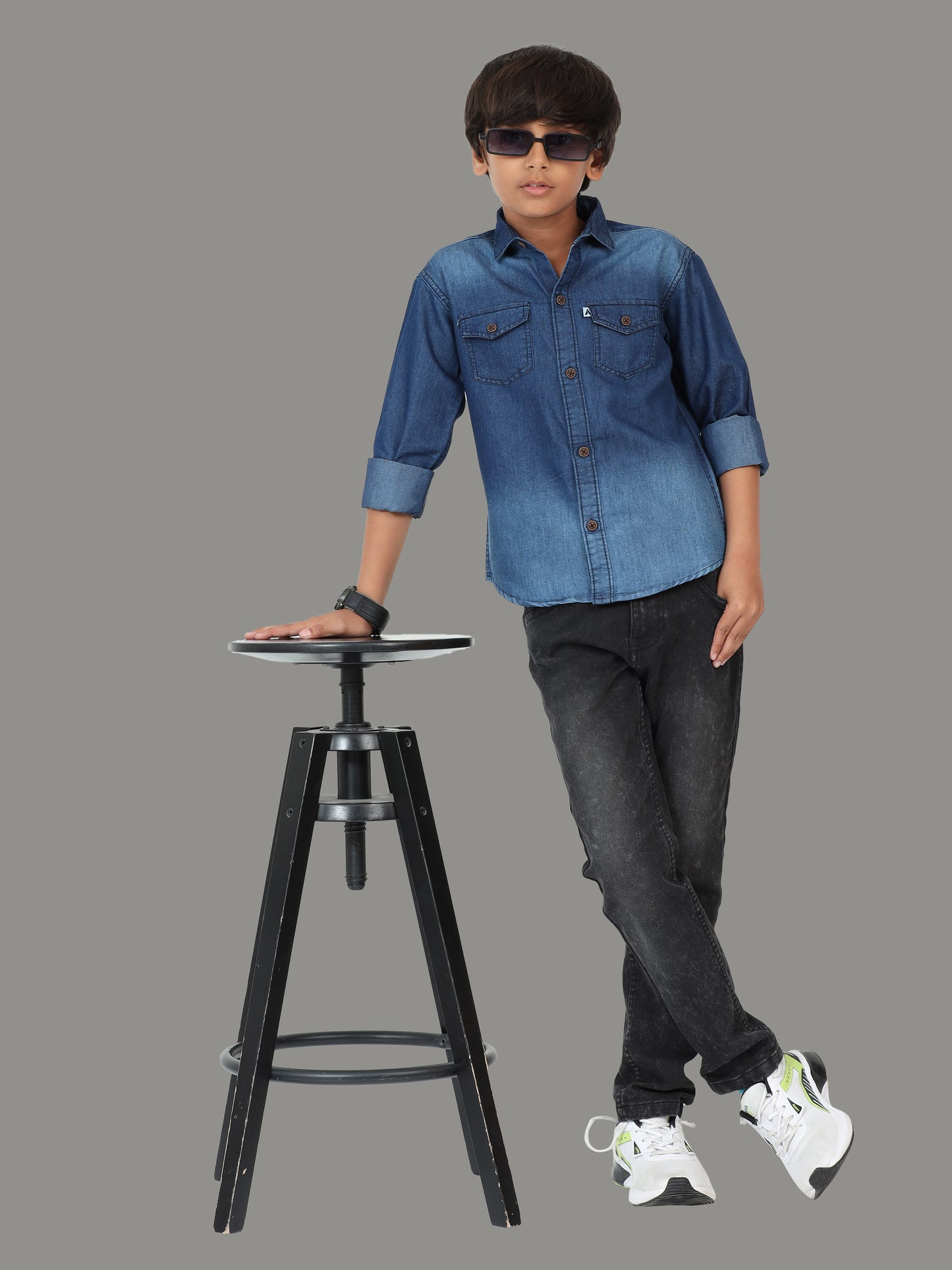 Denim Cut Away Collor Boys Long Sleeve Button Up Shirt