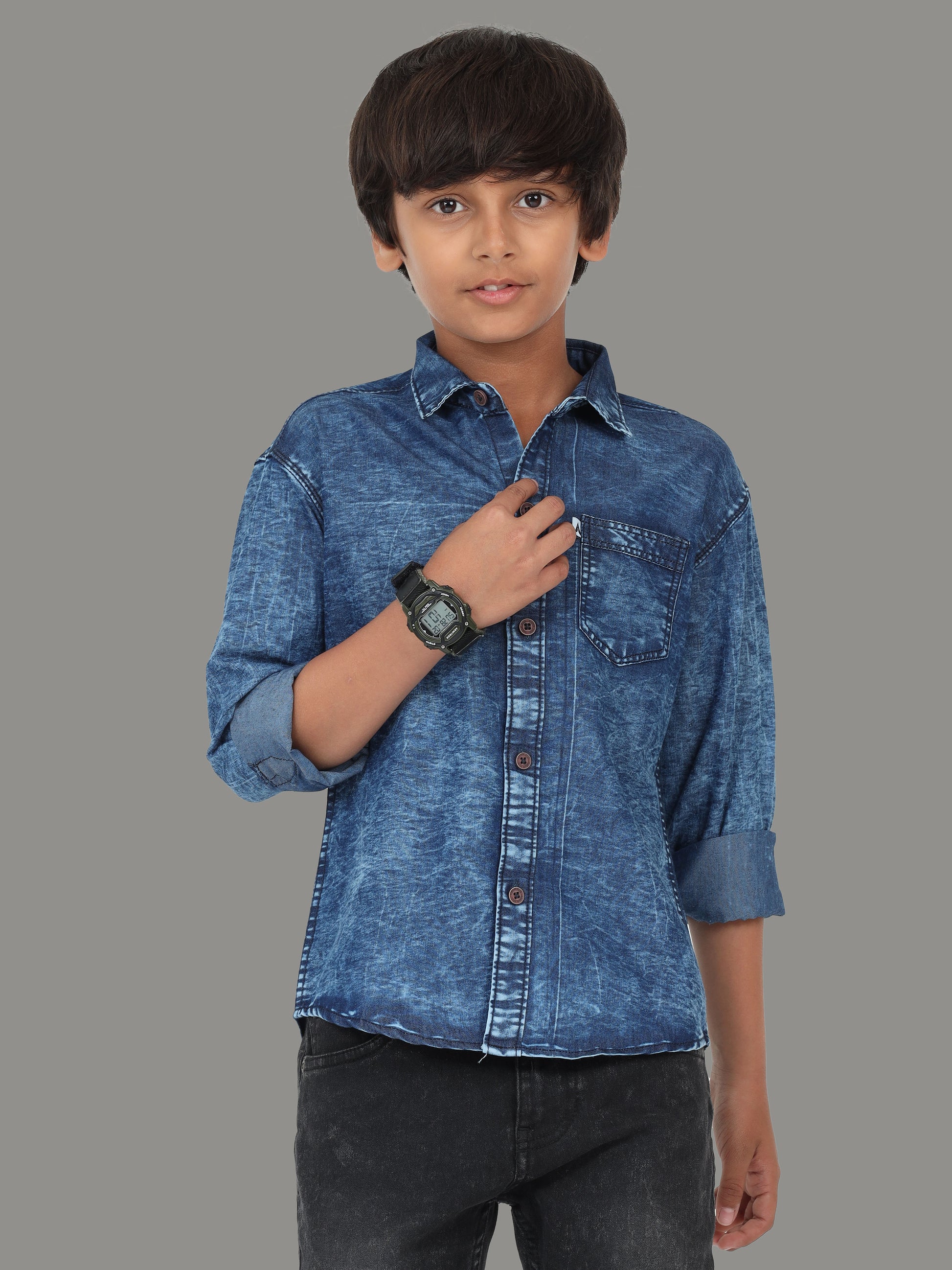 Blue Cloud Wash Single Pocket  Cut Away Collor Kids Denim Shirt