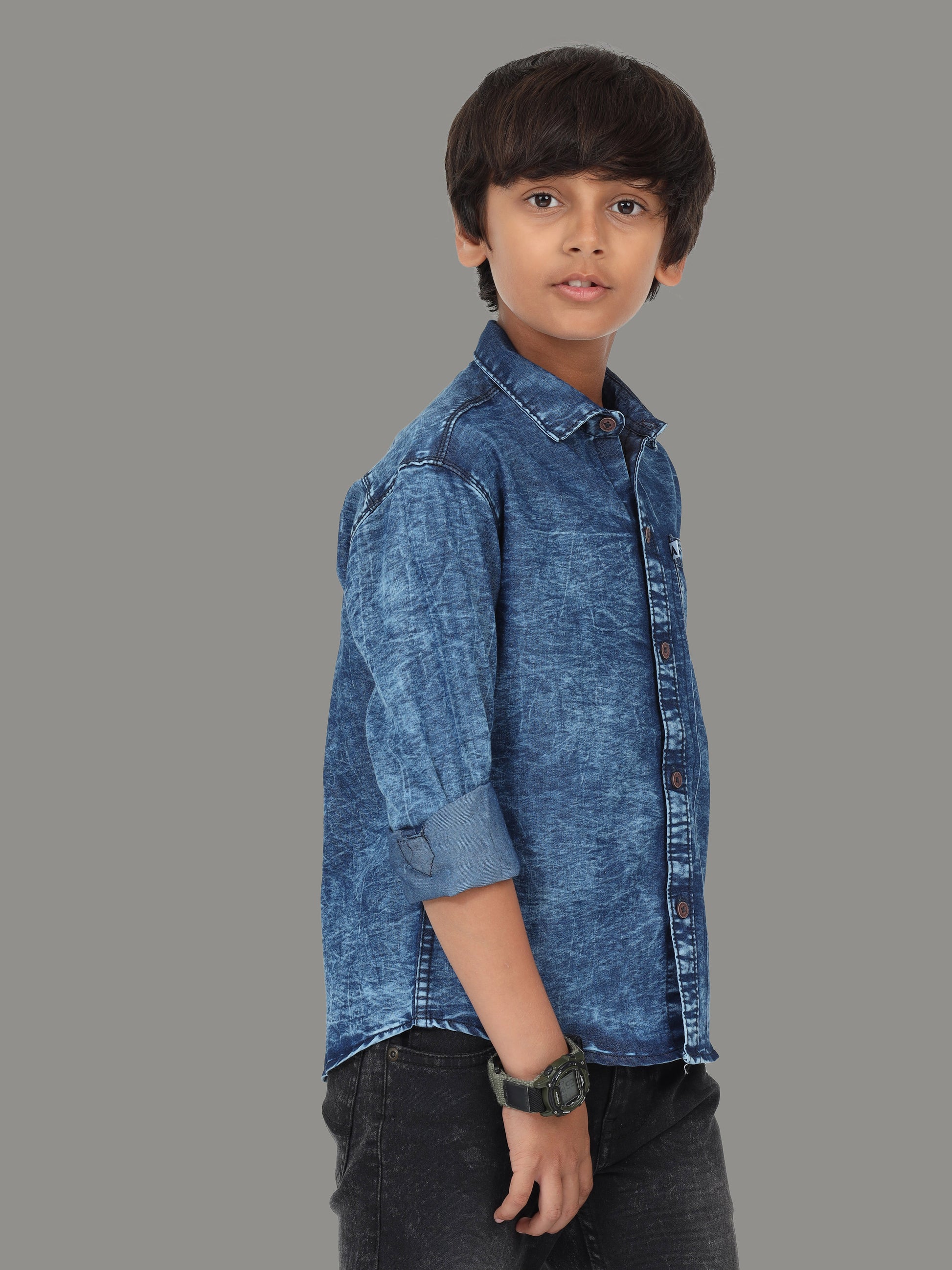Blue Cloud Wash Single Pocket  Cut Away Collor Kids Denim Shirt