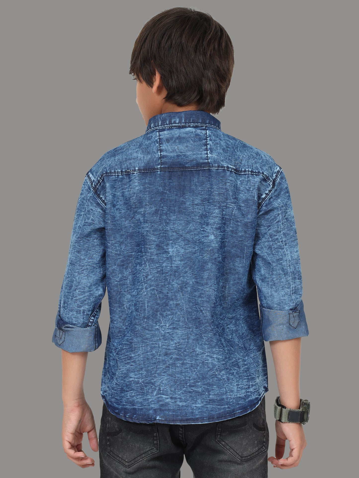 Blue Cloud Wash Single Pocket  Cut Away Collor Kids Denim Shirt
