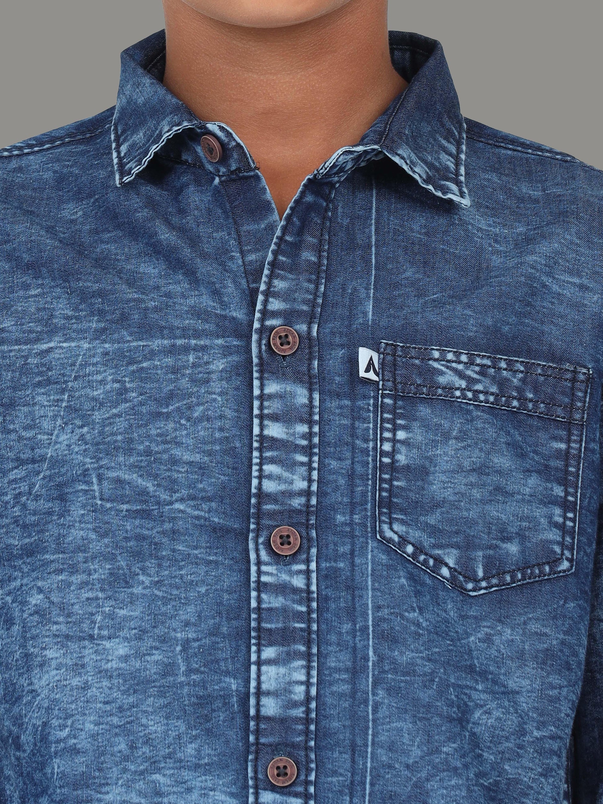 Blue Cloud Wash Single Pocket  Cut Away Collor Kids Denim Shirt