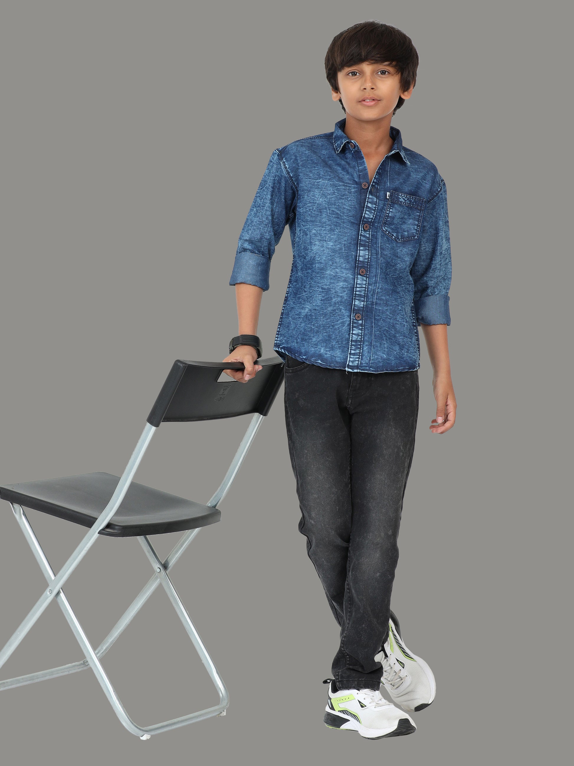 Blue Cloud Wash Single Pocket  Cut Away Collor Kids Denim Shirt