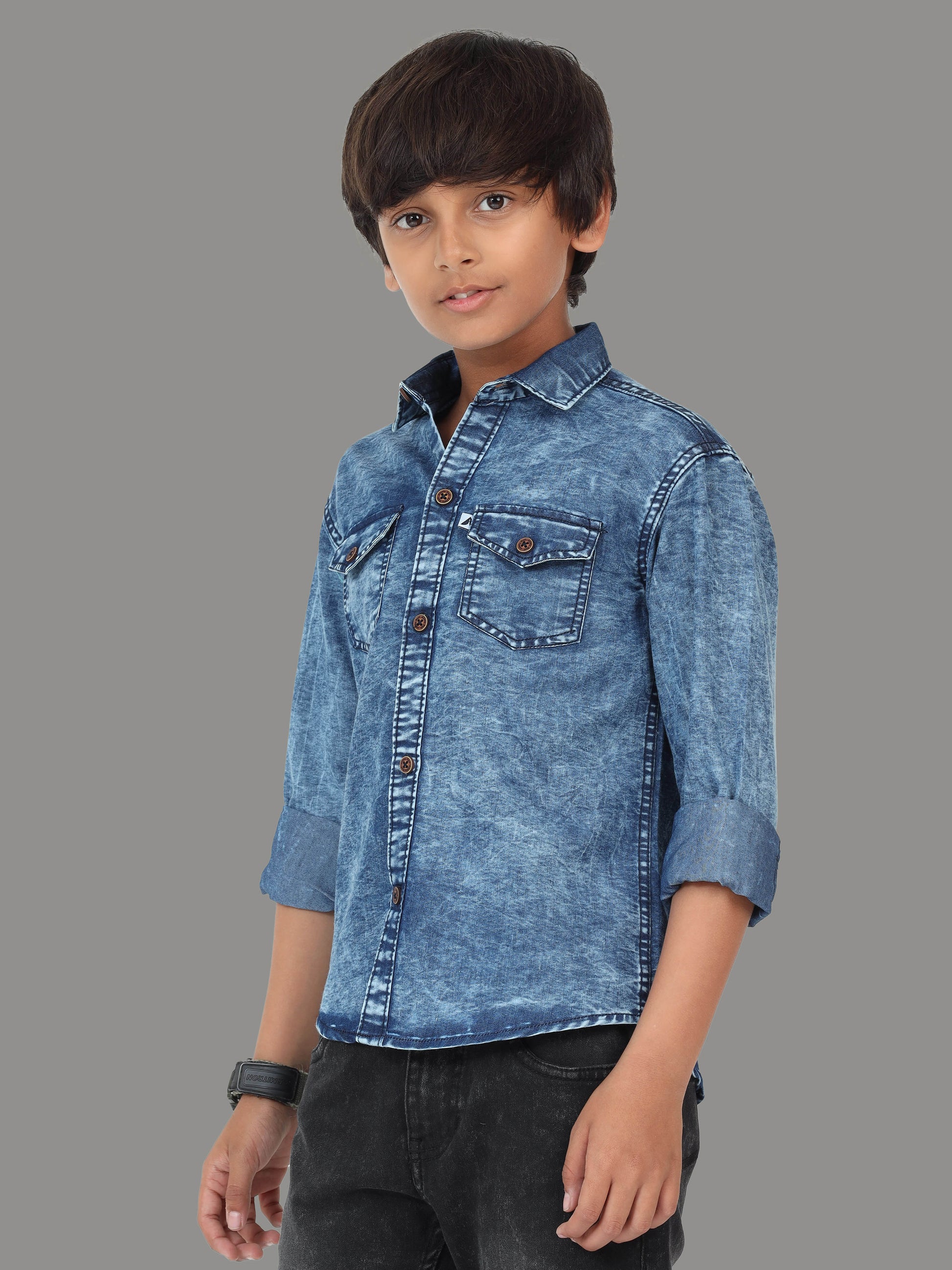 Cloud Wash Blue Double Pocket  Cut Away Collor Denim Long Shirts for Kids
