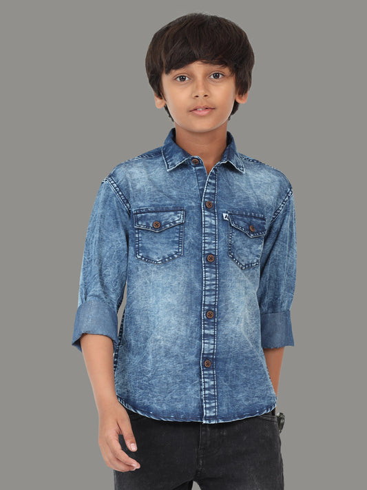 Heavy Washed Cut Away Collor Double Pocket Denim Half Shirt For Boys