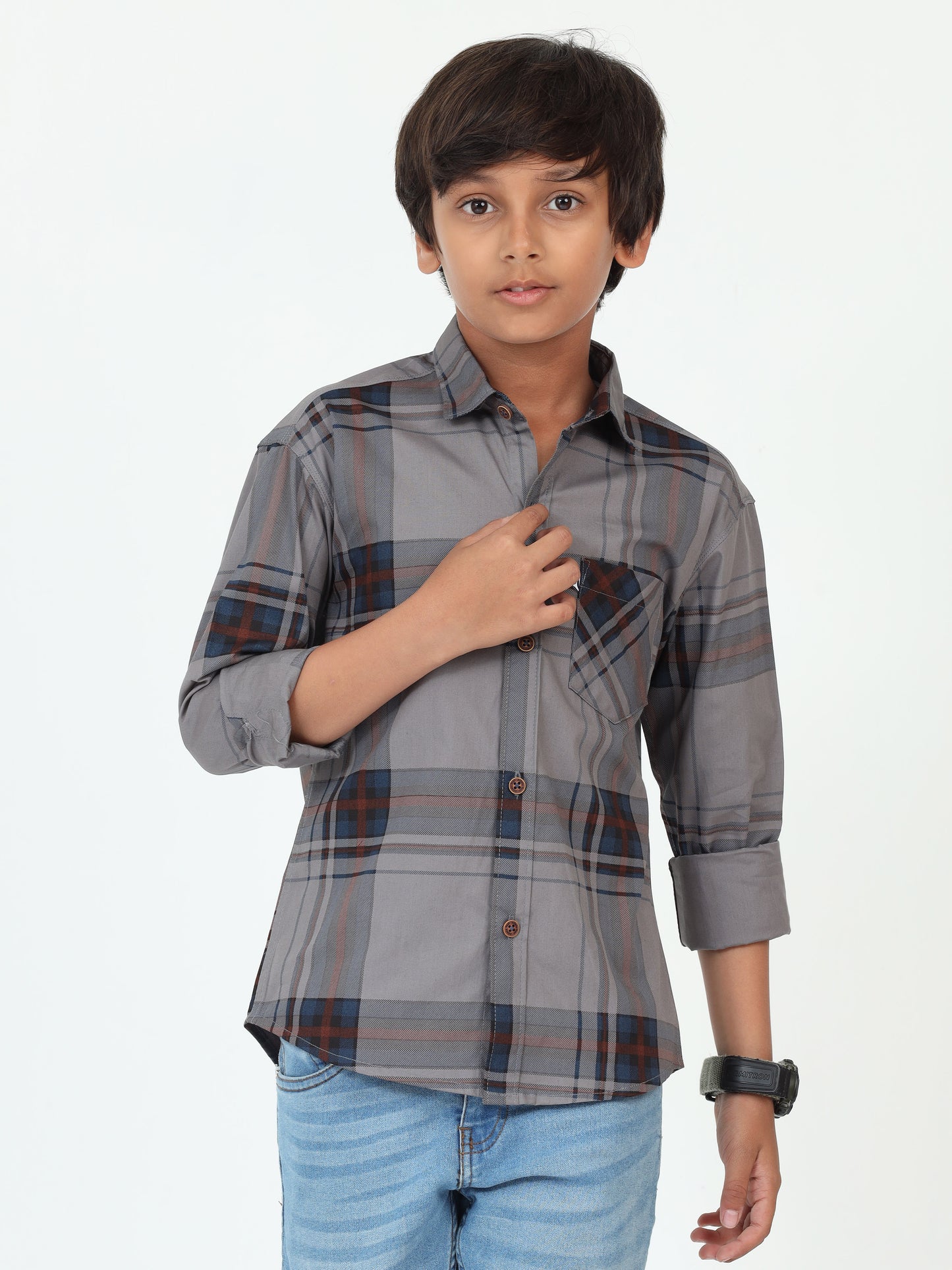 Grey Broadchecks Cotton Blend Boy Shirt Style