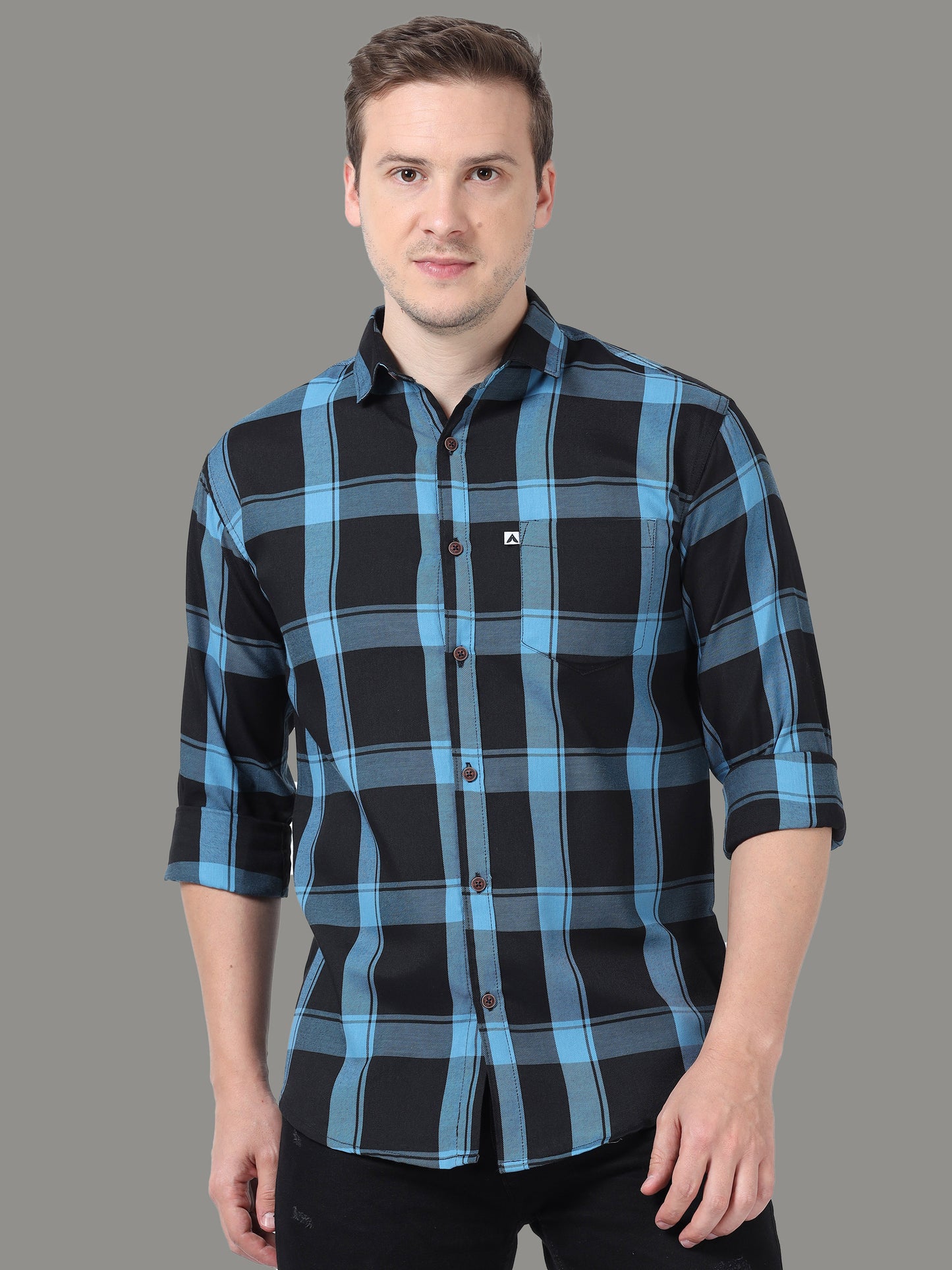 Regular Fit Cotton Light Blue Check Shirt for Men