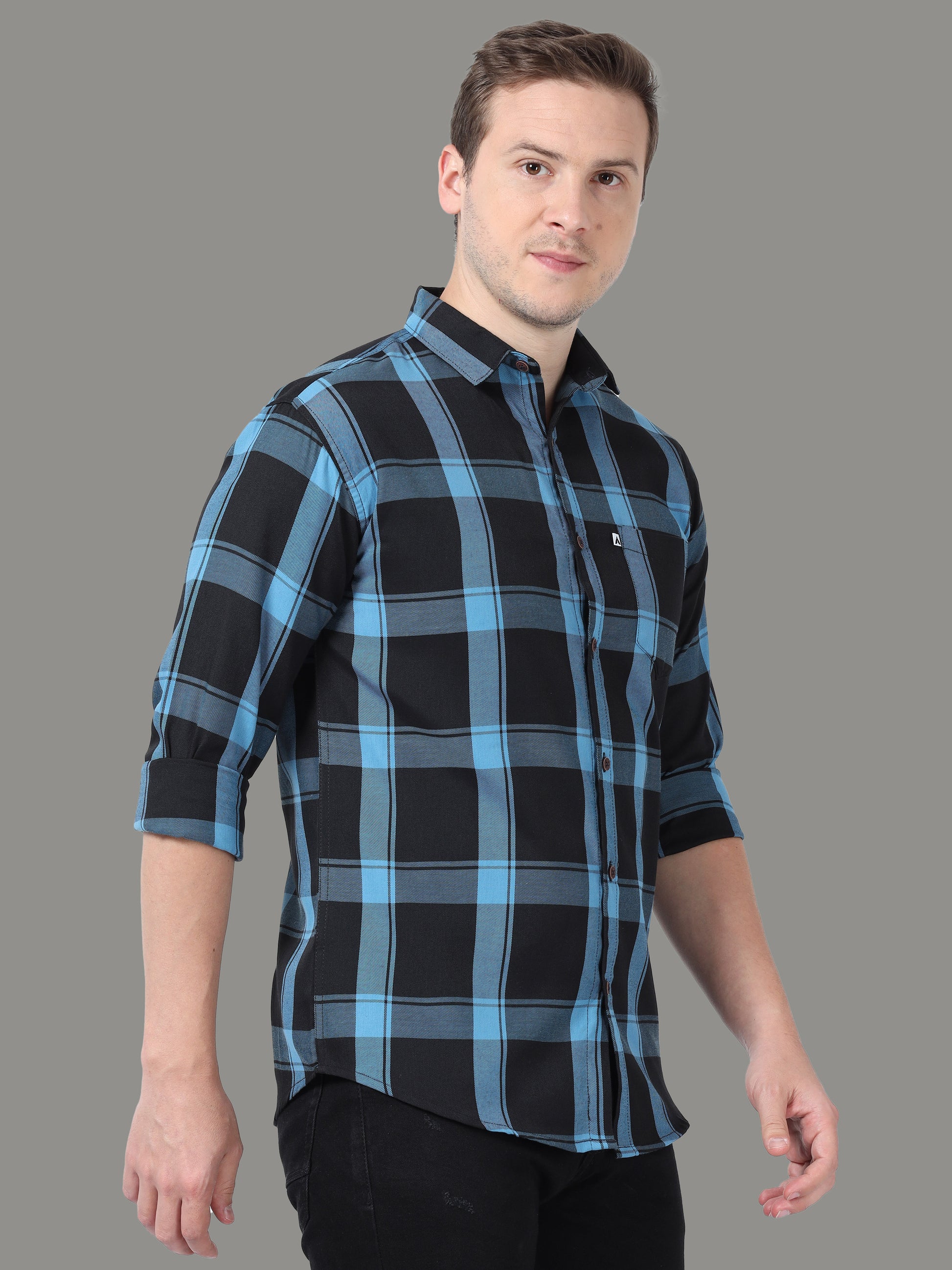 Regular Fit Cotton Light Blue Check Shirt for Men