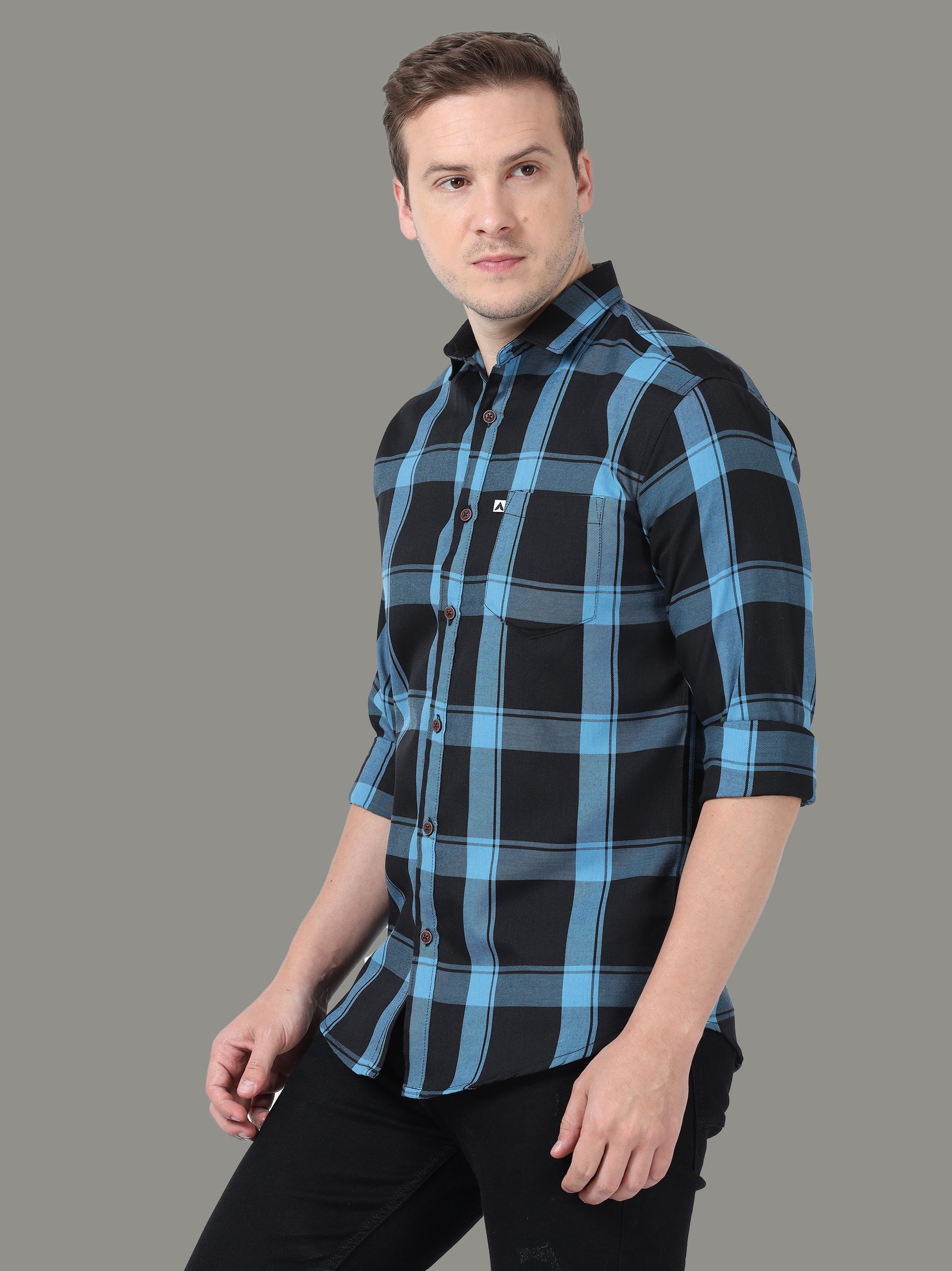Regular Fit Cotton Light Blue Check Shirt for Men