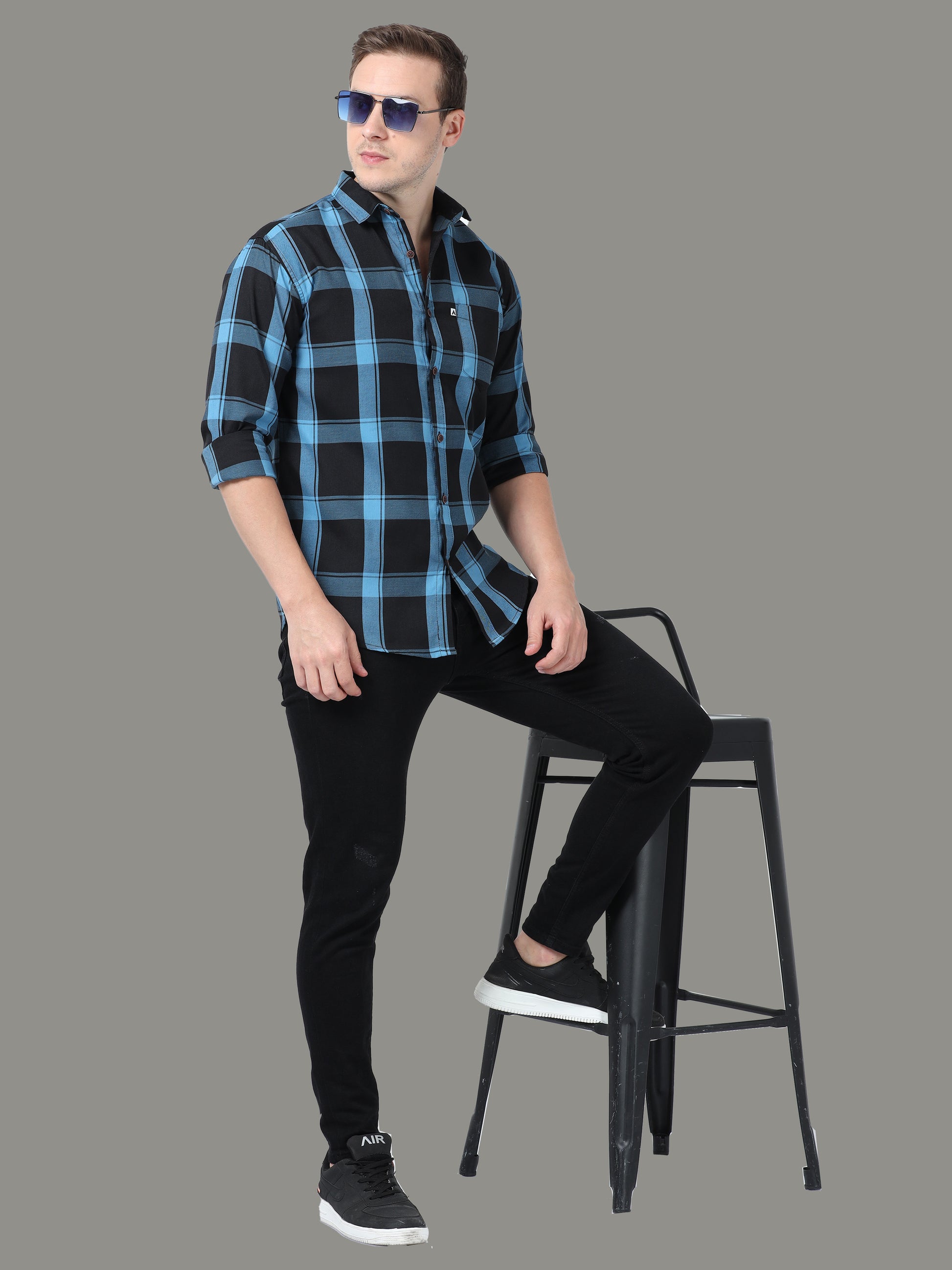 Regular Fit Cotton Light Blue Check Shirt for Men