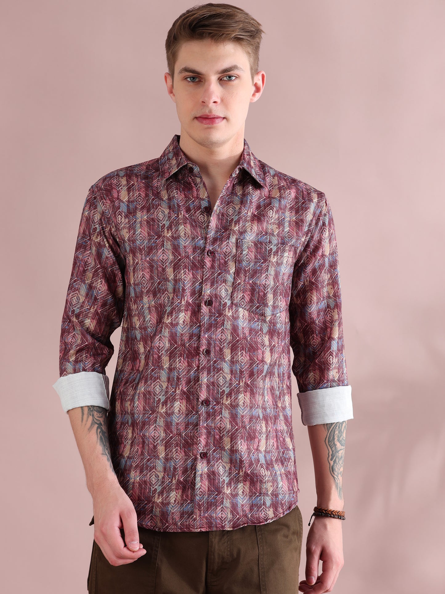 Full Sleeves Linen Digital Maroon Printed Shirt Men