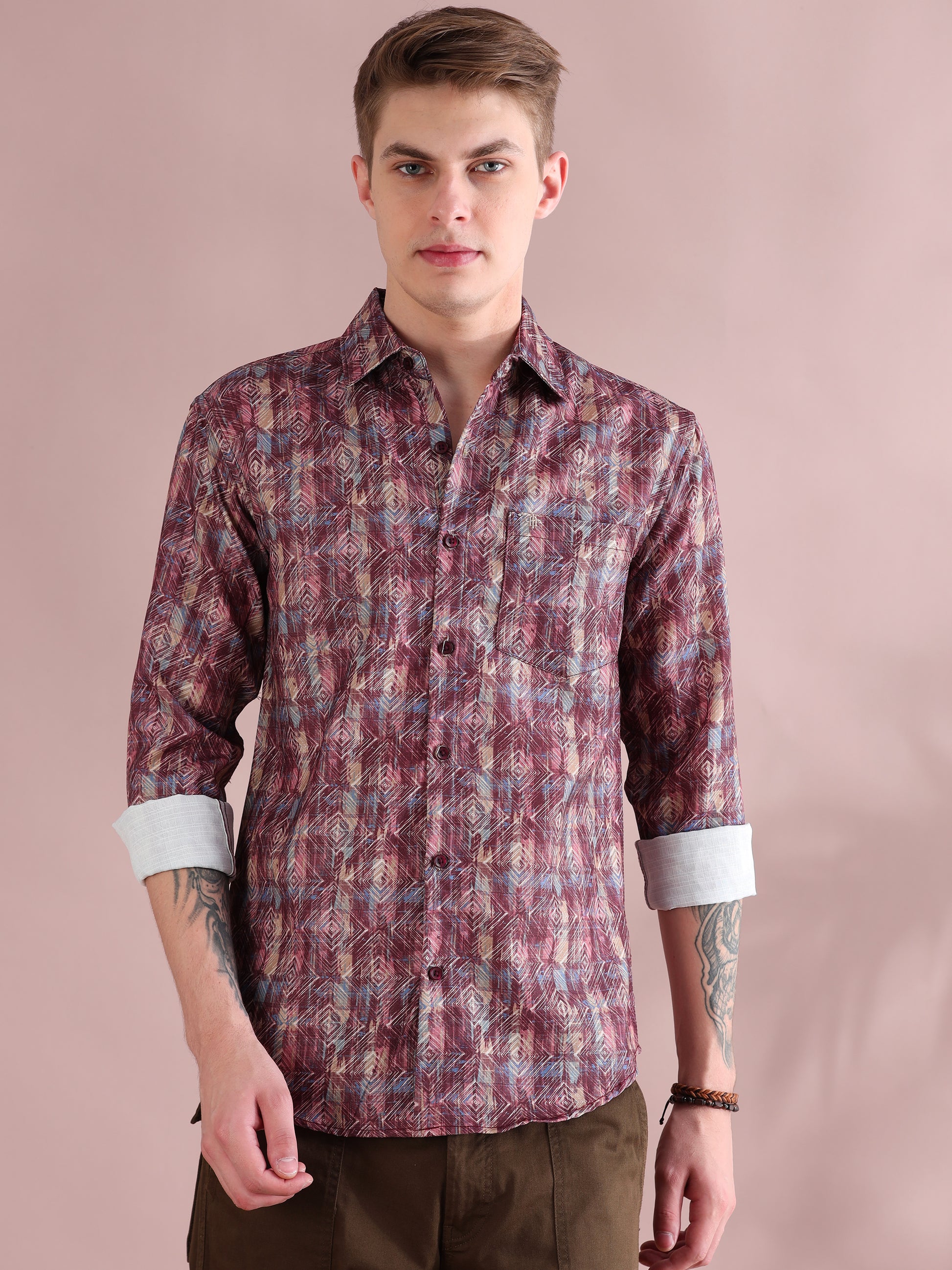 Full Sleeves Linen Digital Maroon Printed Shirt Men